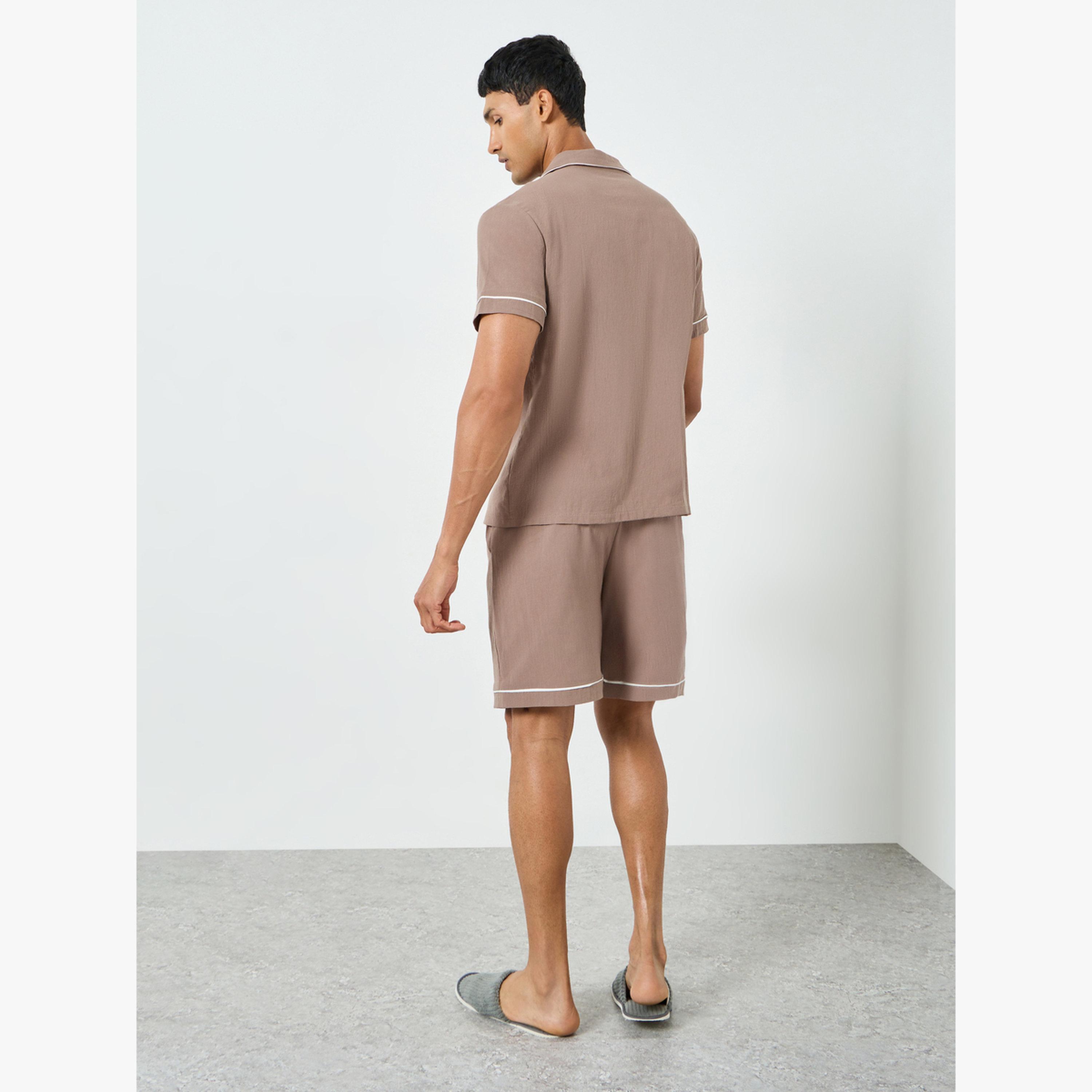 Styli Men Brown Piping Detail Shirt and Shorts Set-men-clothing-nightwear-sets-image-3
