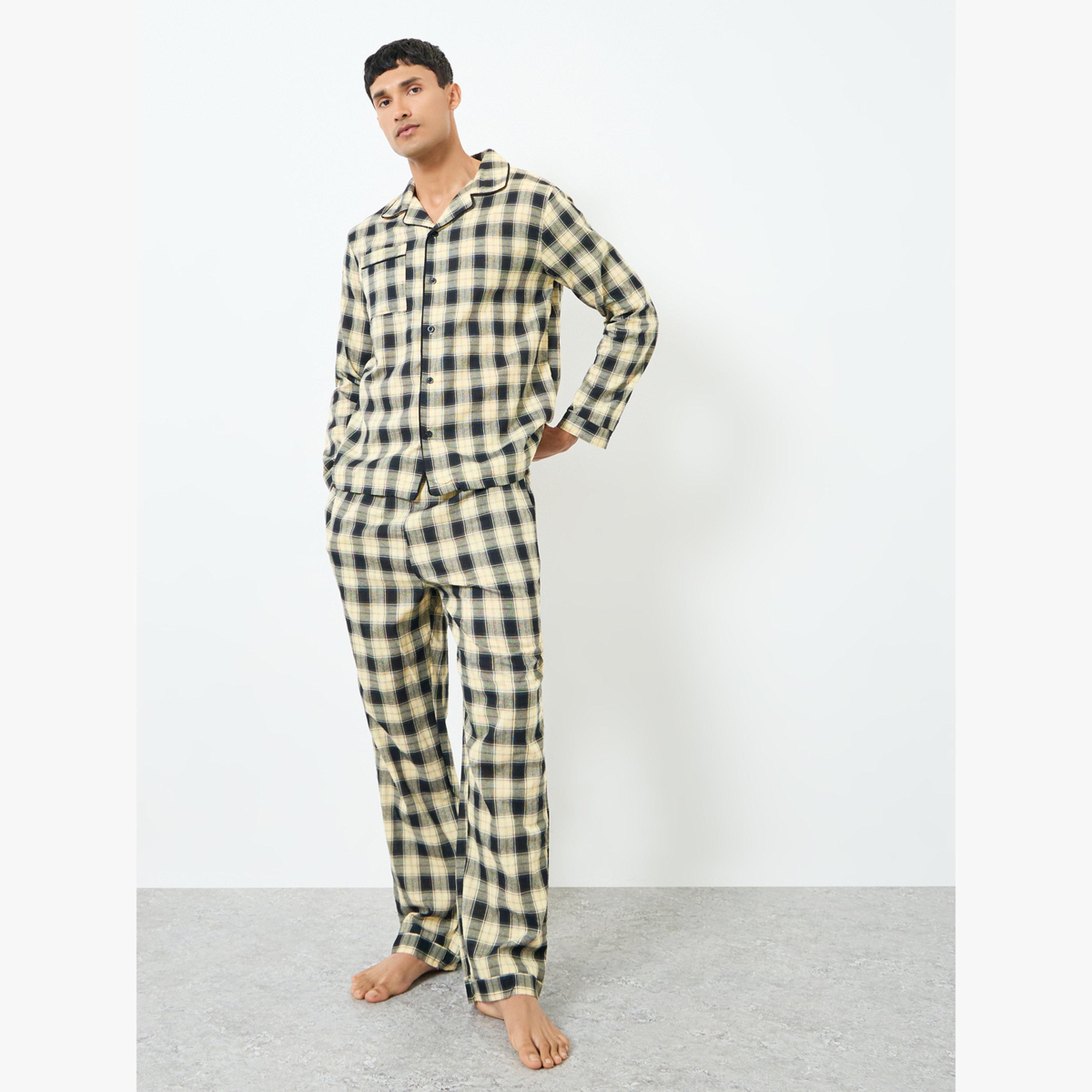 Styli Men Black Checkered Shirt and Pyjama Set-men-clothing-nightwear-sets-image-1