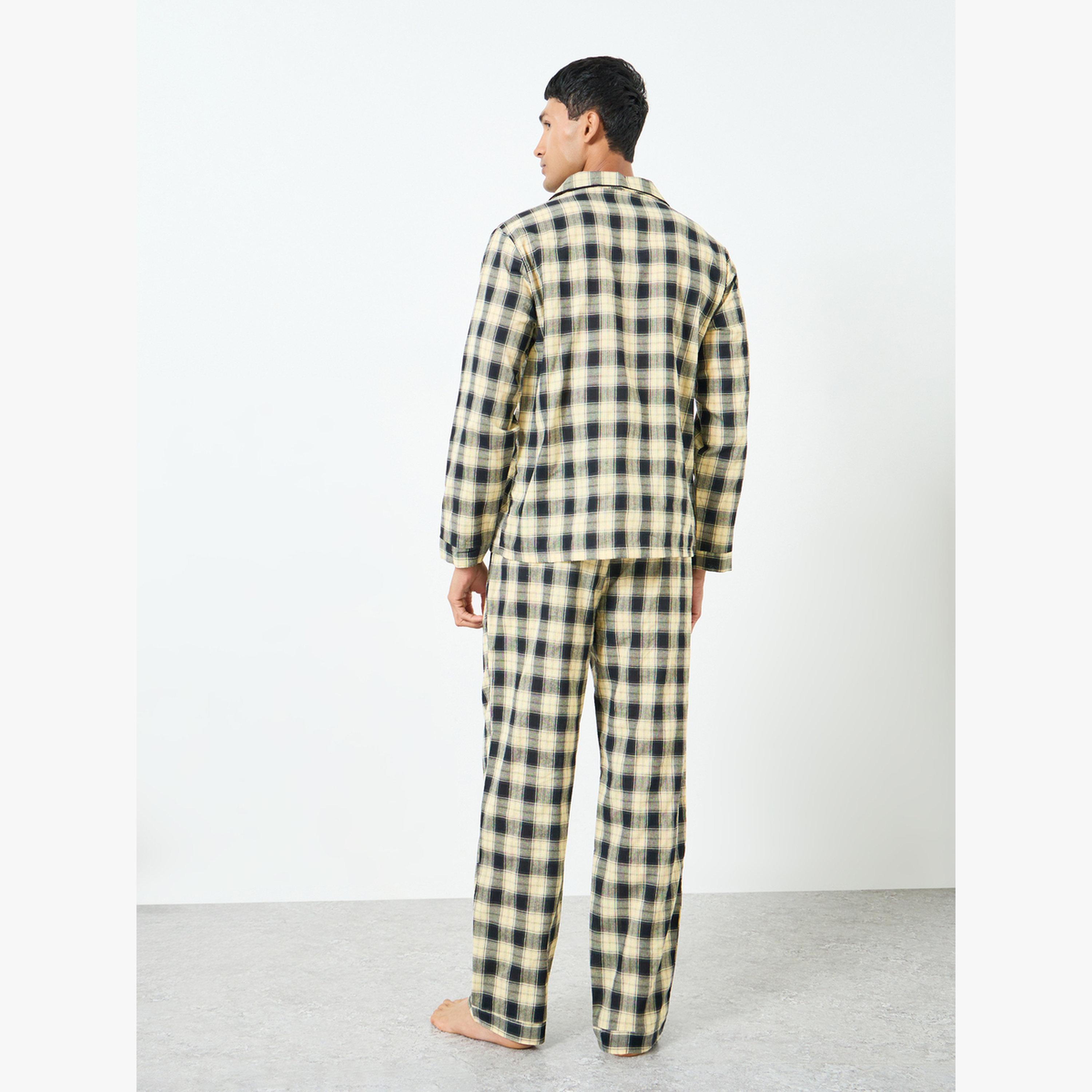 Styli Men Black Checkered Shirt and Pyjama Set-men-clothing-nightwear-sets-image-3