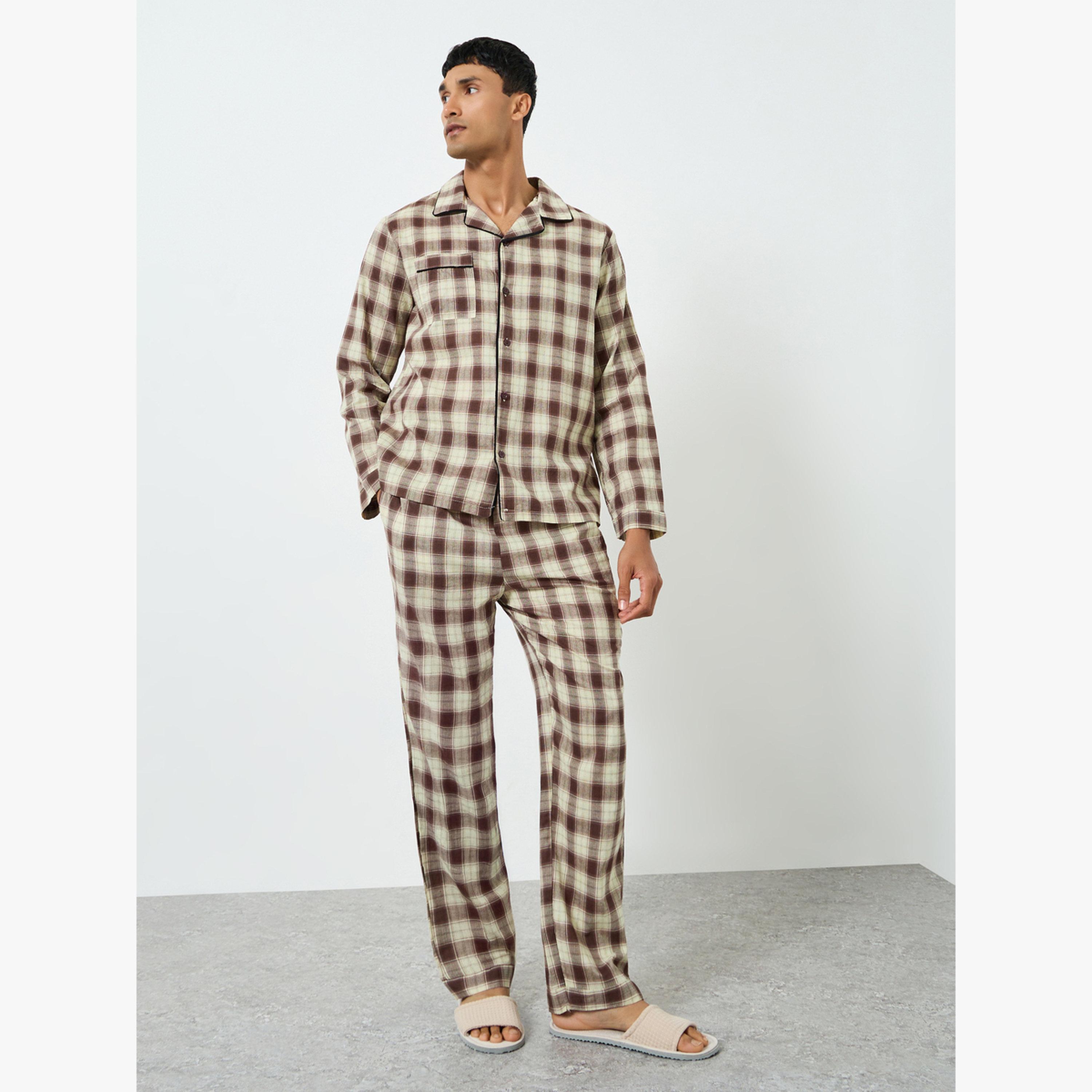 Styli Men Brown Checkered Shirt and Pyjama Set-men-clothing-nightwear-sets-image-1