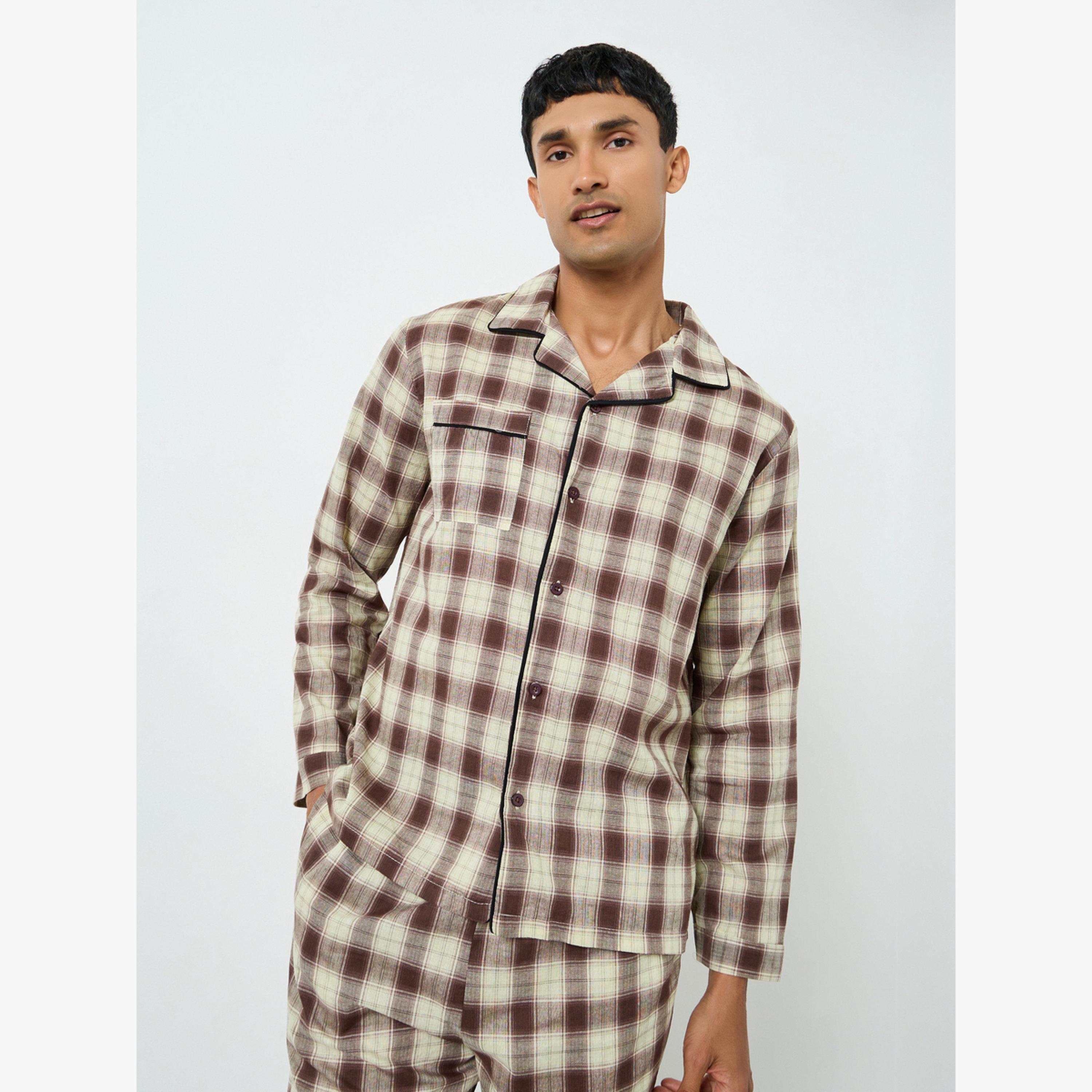 Styli Men Brown Checkered Shirt and Pyjama Set-men-clothing-nightwear-sets-image-3