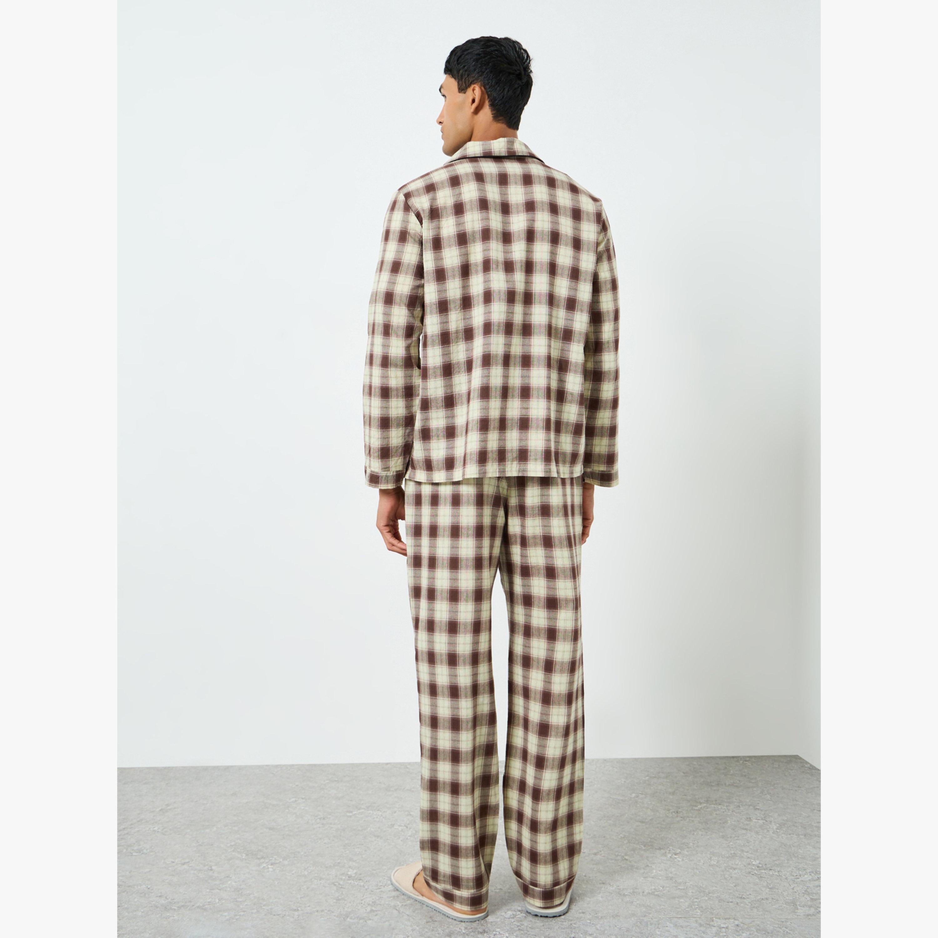 Styli Men Brown Checkered Shirt and Pyjama Set-men-clothing-nightwear-sets-image-4