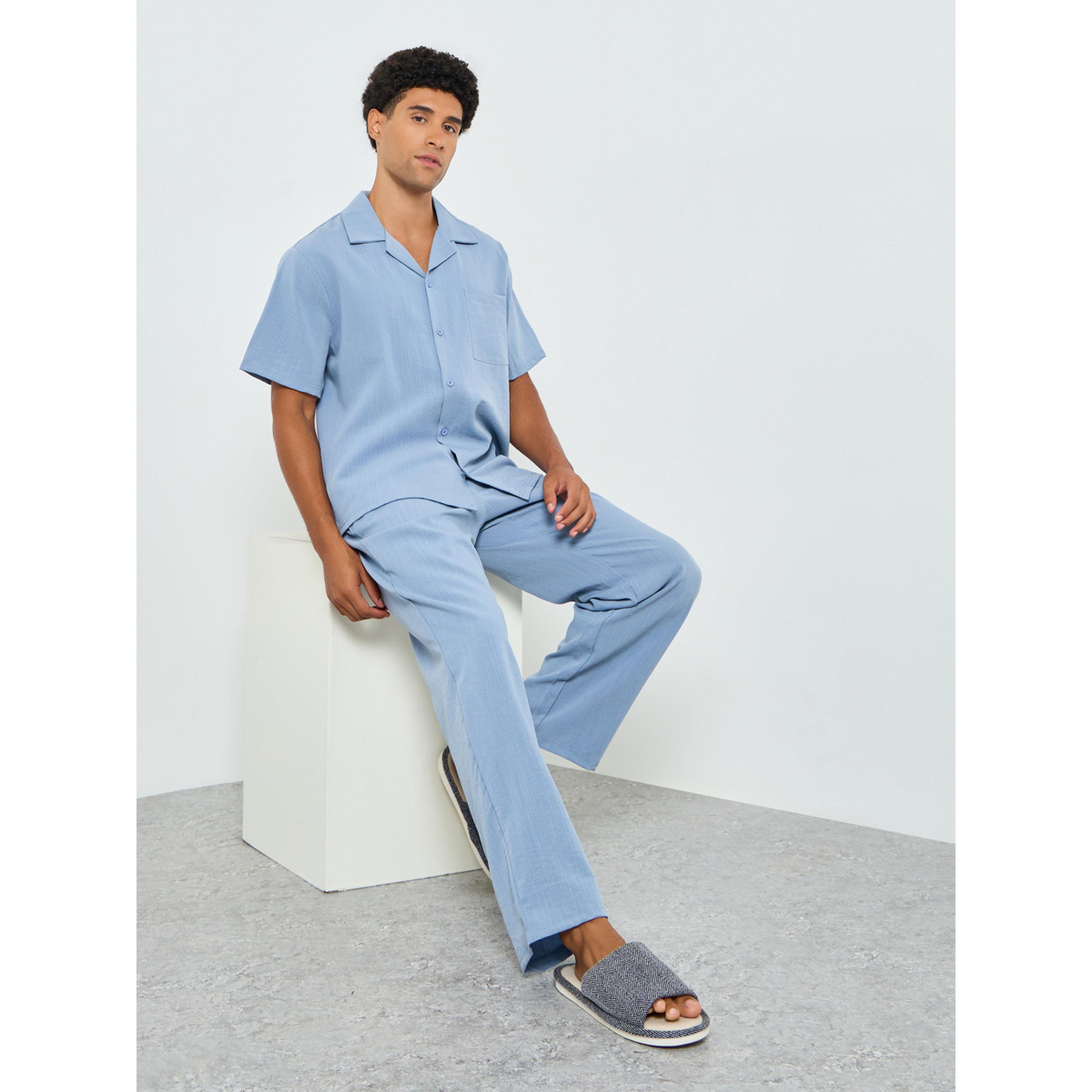 Styli Men Blue Buttoned Shirt and Relaxed Pyjama Set-men-clothing-nightwear-sets-image-2