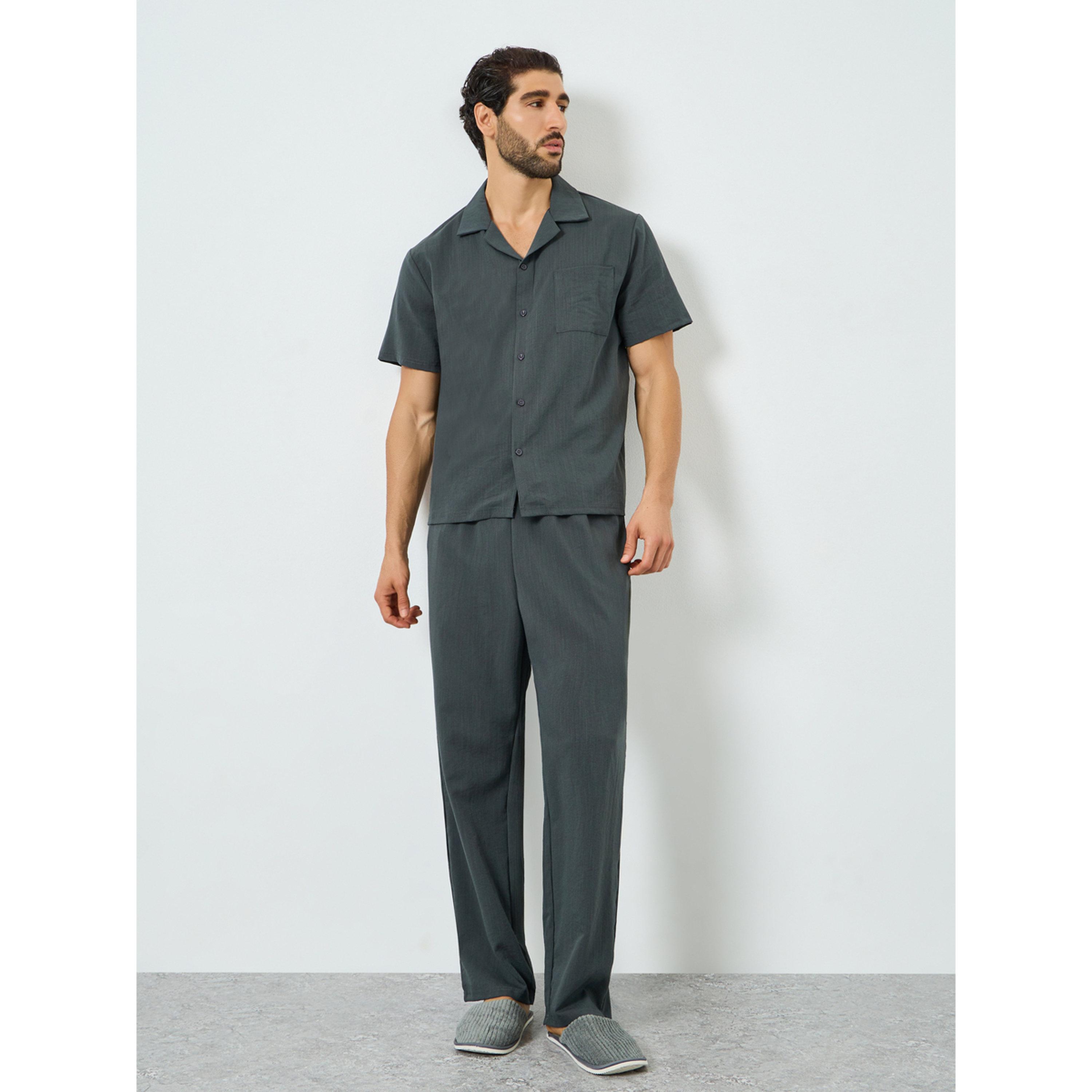 Styli Men Charcoal Buttoned Shirt and Pyjama Set-men-clothing-nightwear-sets-image-1