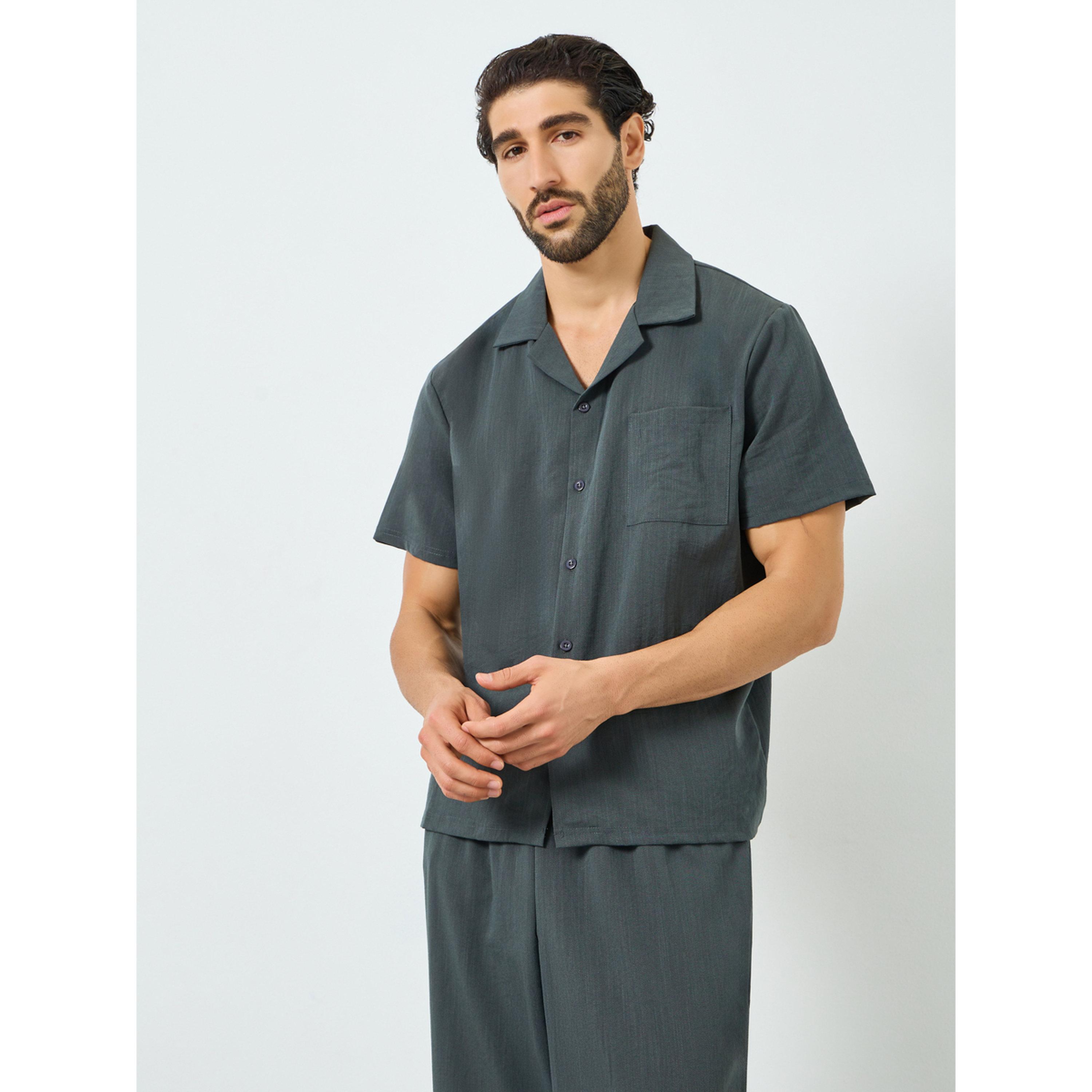 Styli Men Charcoal Buttoned Shirt and Pyjama Set-men-clothing-nightwear-sets-image-3