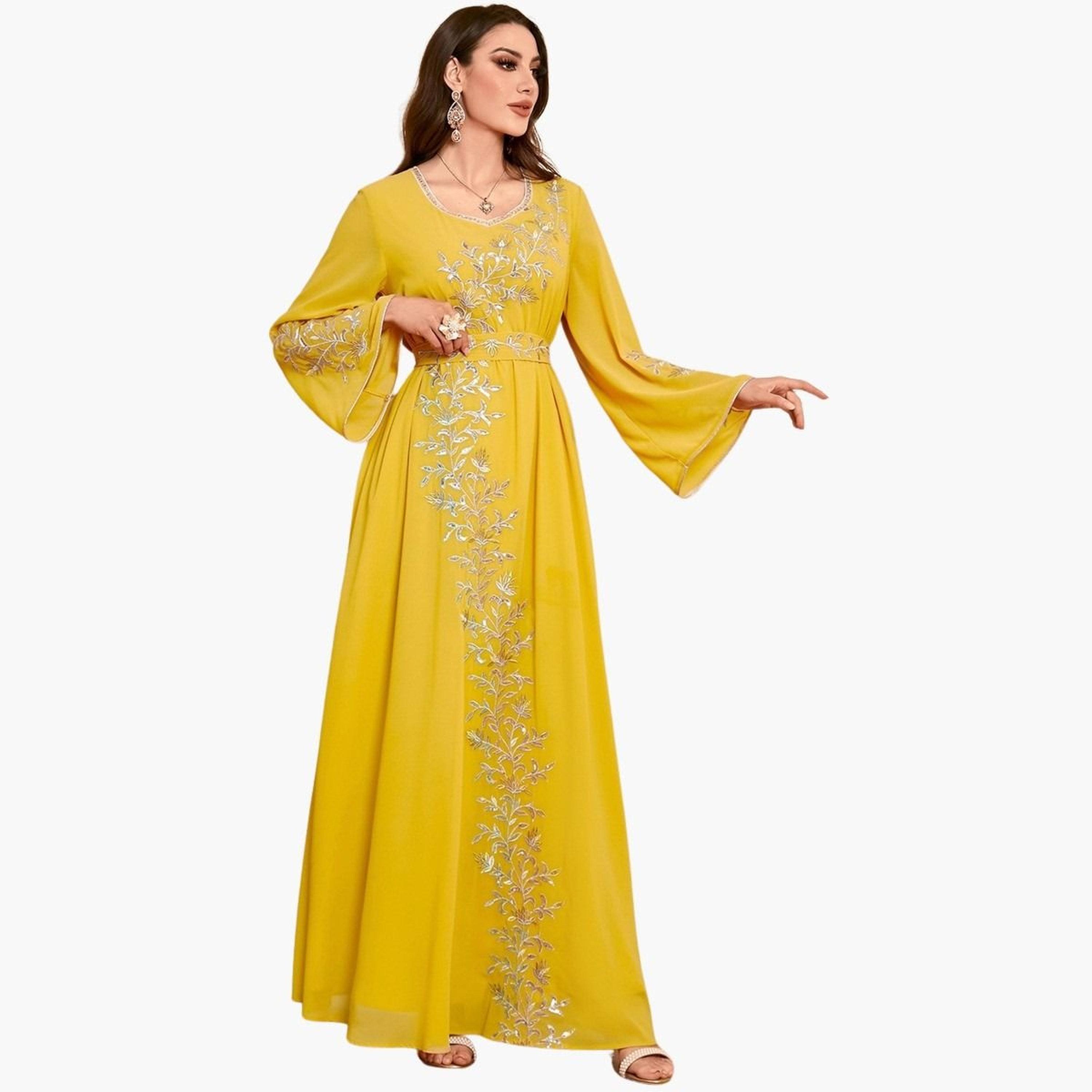 Take Two Women Yellow Floral Embroidery Jalabiya-women-arabicclothing-jalabiyas-image-1