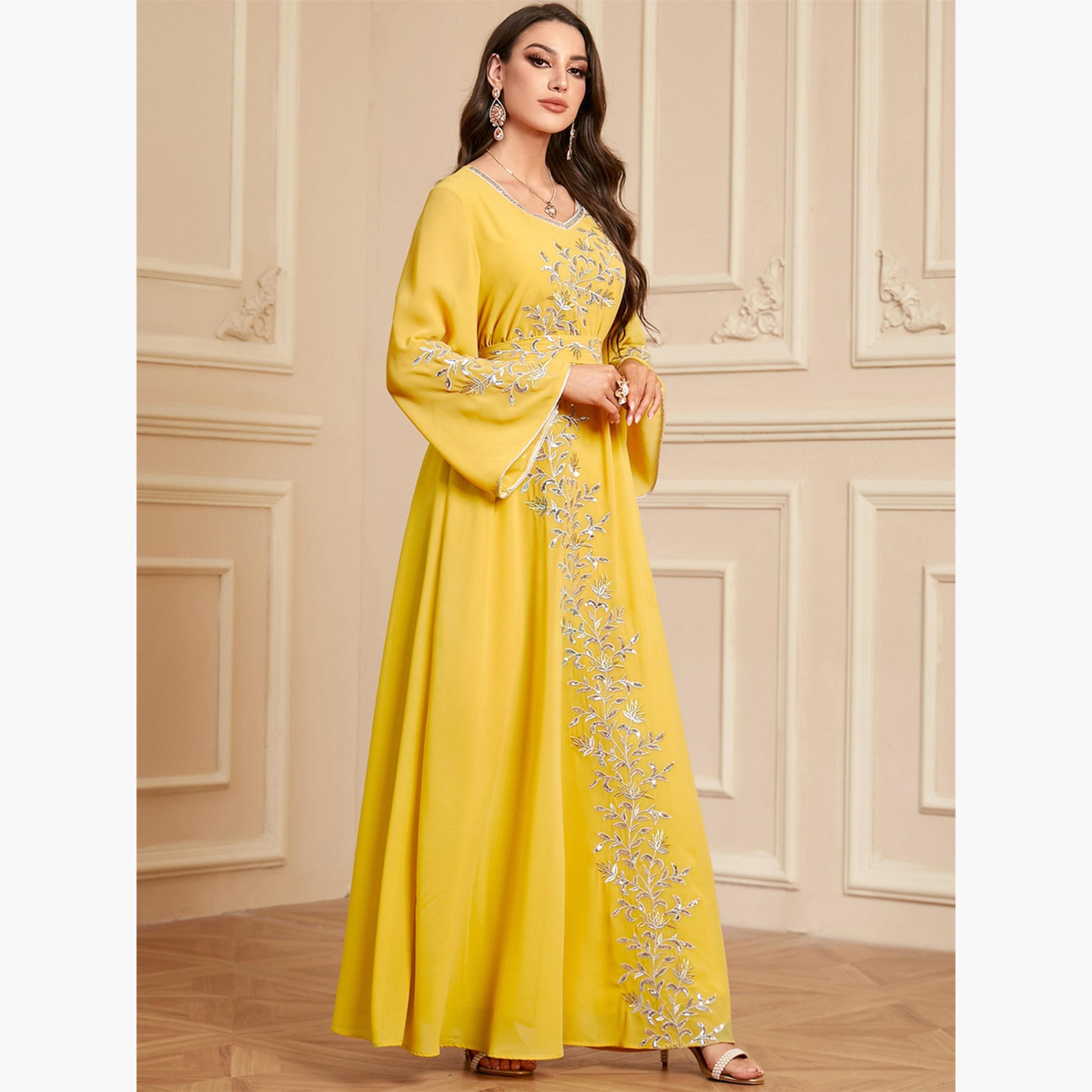Take Two Women Yellow Floral Embroidery Jalabiya-women-arabicclothing-jalabiyas-image-2