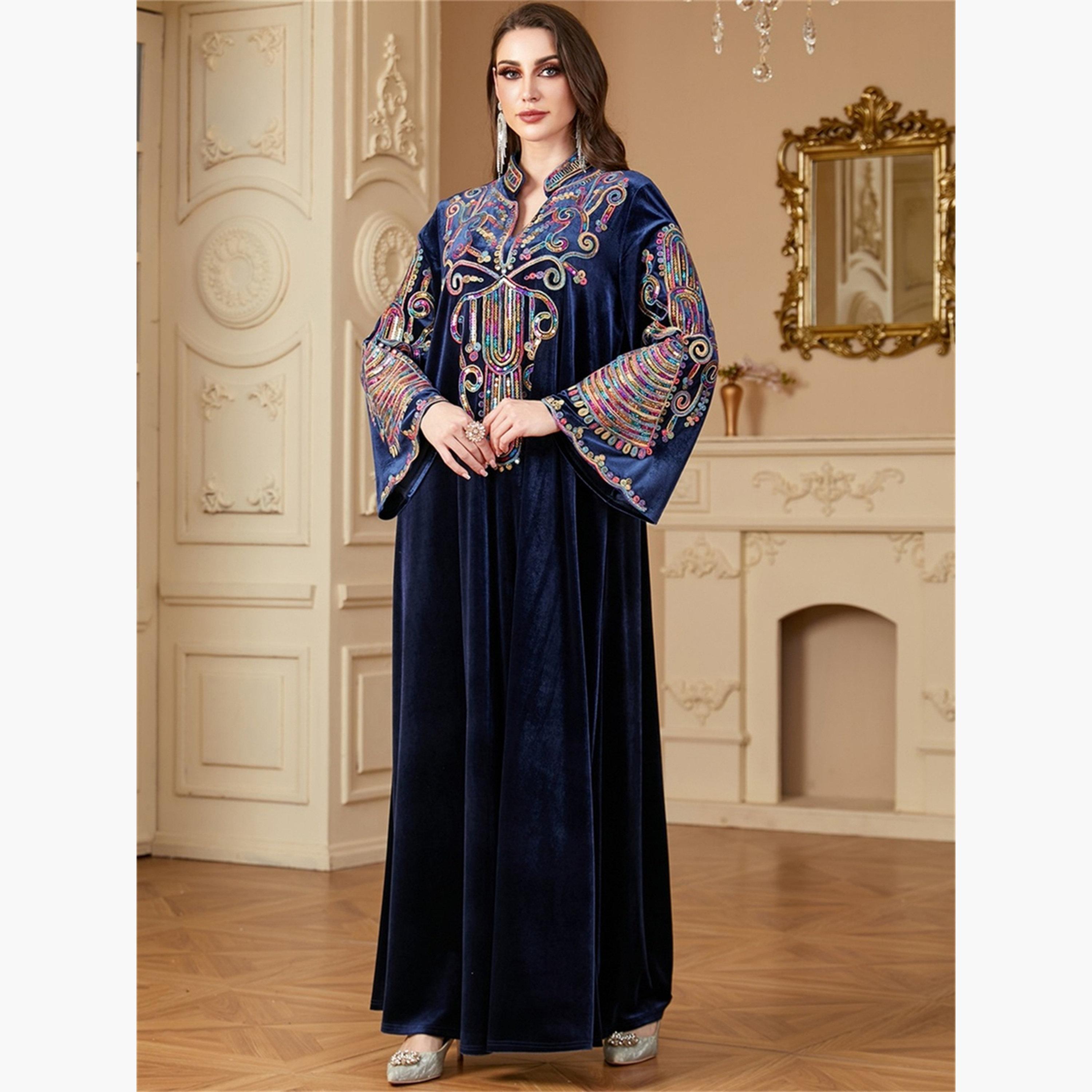 Take Two Women Navy Blue Embellished Velvet Jalabiya-women-arabicclothing-jalabiyas-image-3