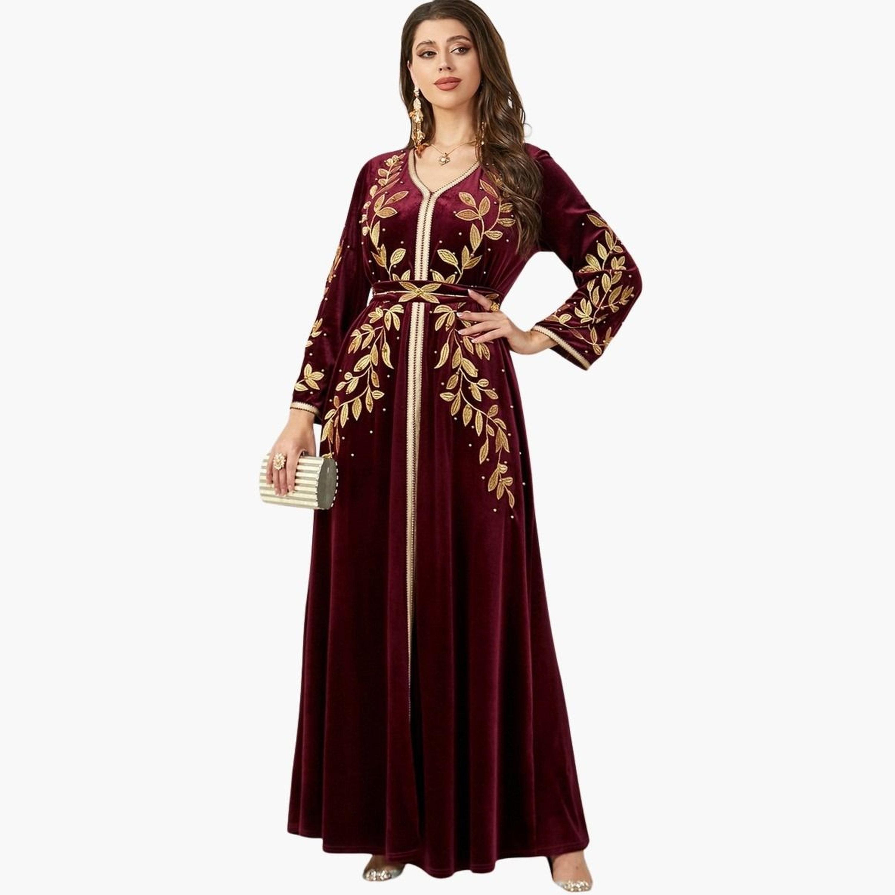 جلابية بخصر ضيق ومزينة بأوراق-women-arabicclothing-jalabiyas-image-1
