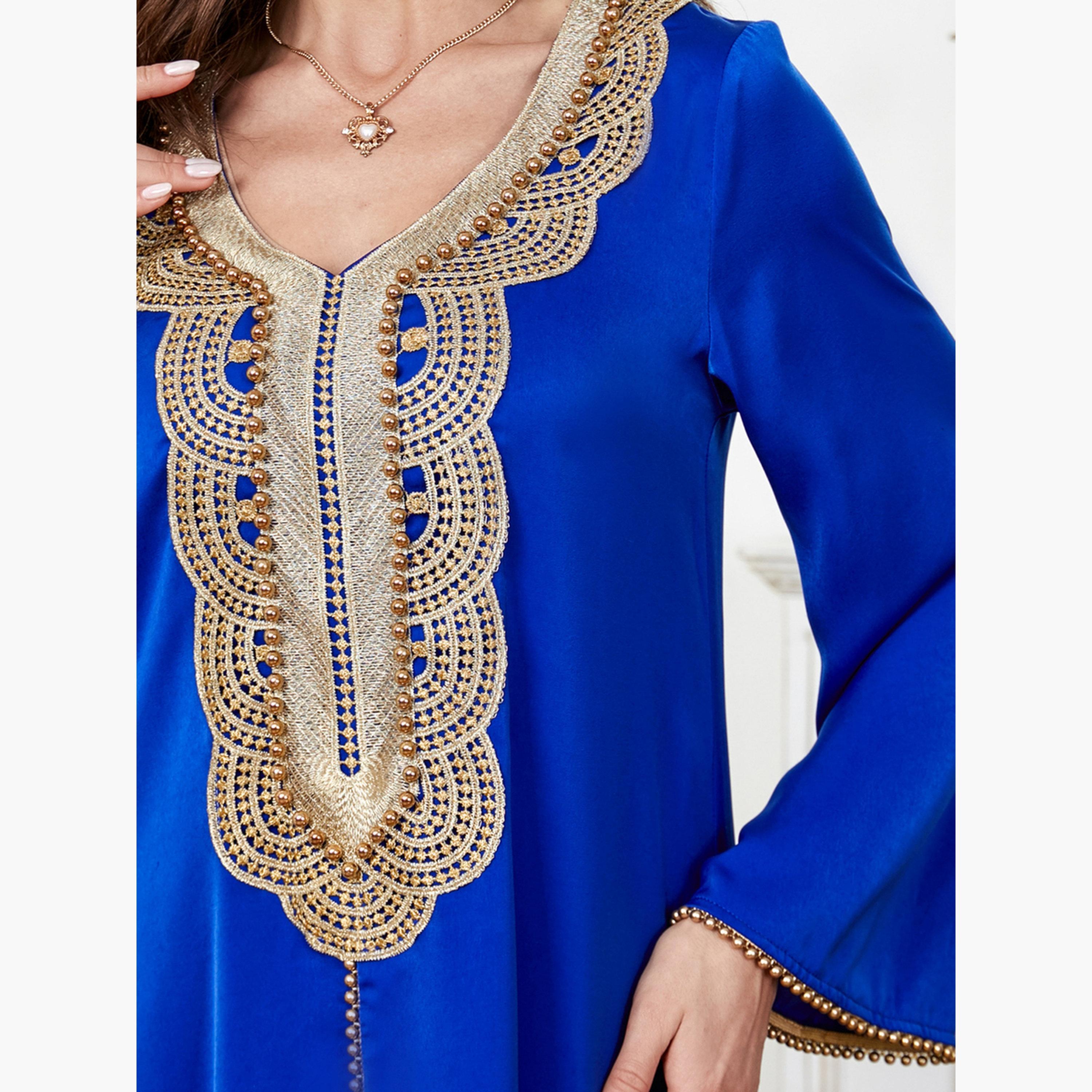 Take Two Women Royal Blue Embroidered Patch Jalabiya-women-arabicclothing-jalabiyas-image-5