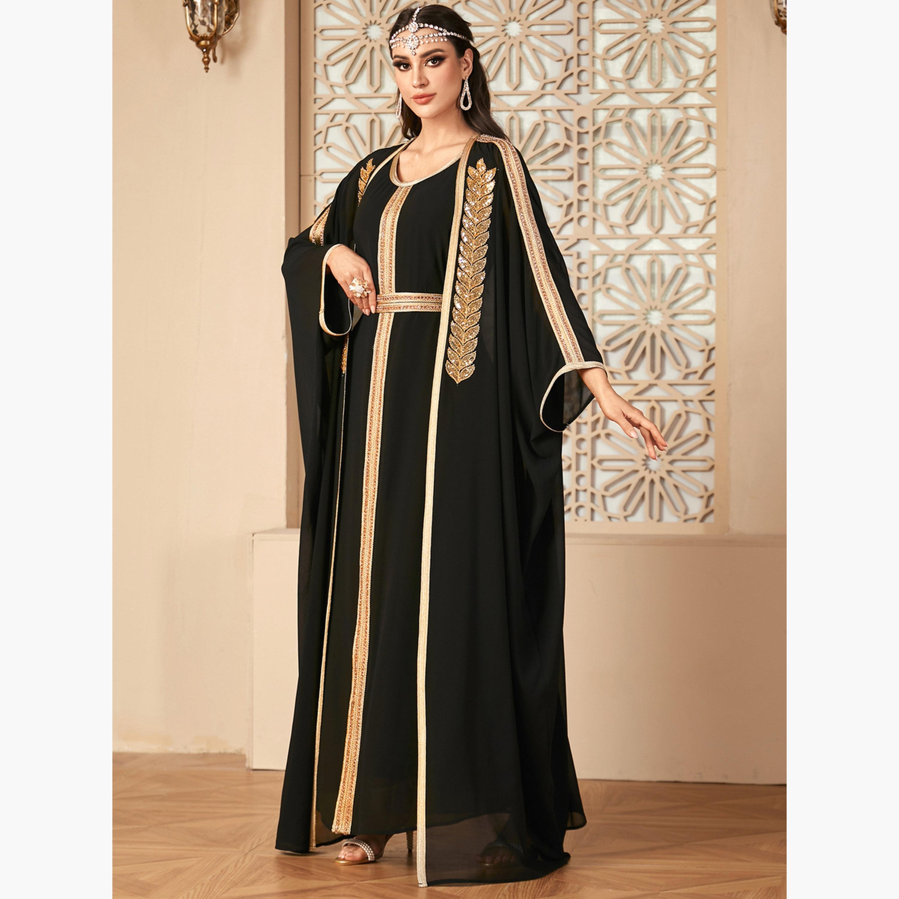 Take Two Sequined Maxi Dress and Front Open Abaya Modest Set-women-arabicclothing-sets-image-5