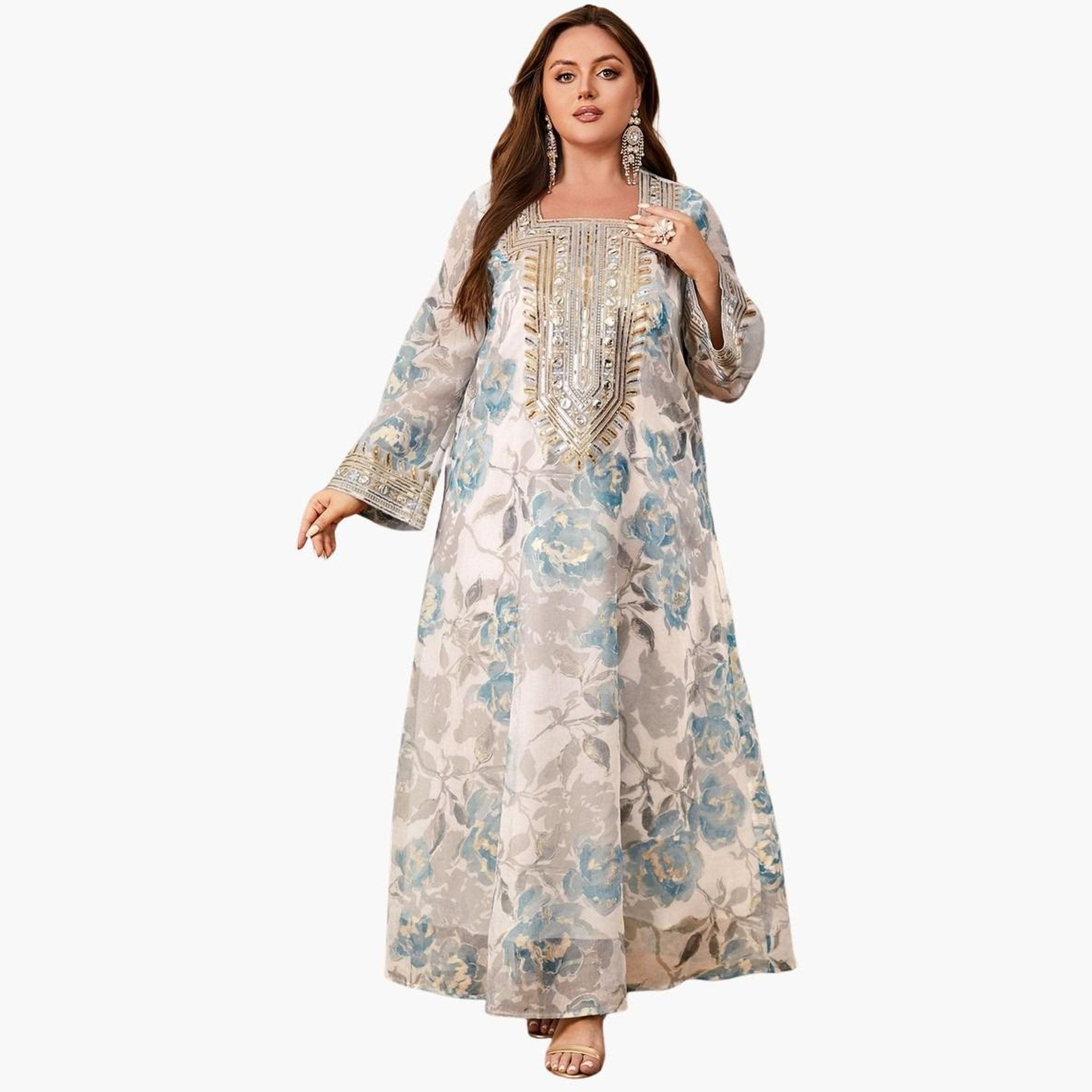 جلابية مقاس كبير مطبوعة بزهور و ترتر-women-arabicclothing-jalabiyas-image-1