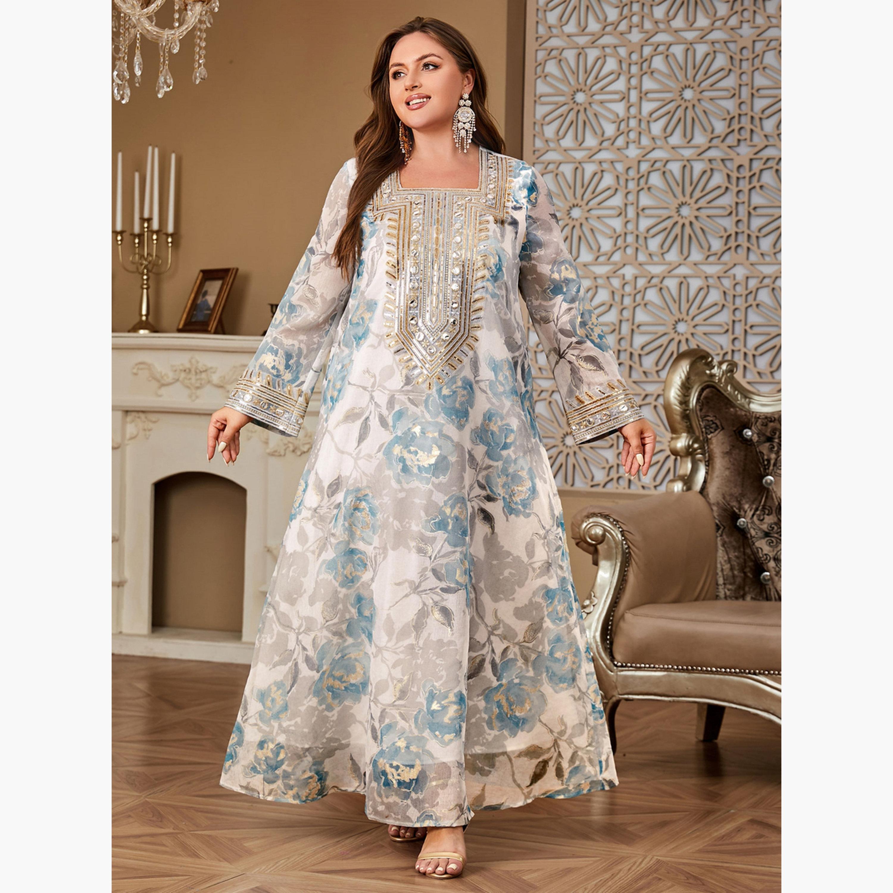 جلابية مقاس كبير مطبوعة بزهور و ترتر-women-arabicclothing-jalabiyas-image-4