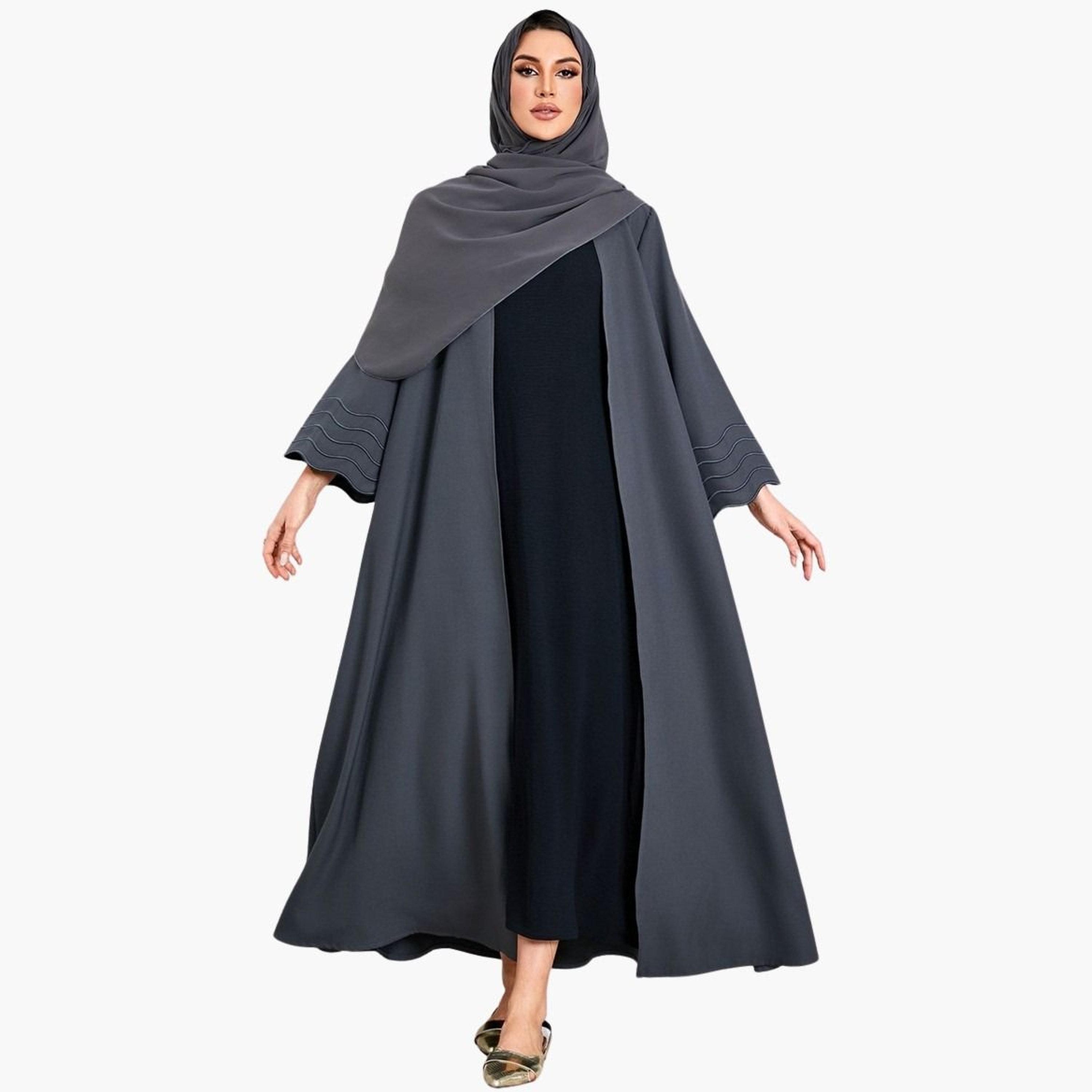 Take Two Women Solid Open Front Abaya with Headscarf-women-arabicclothing-abayas-image-1