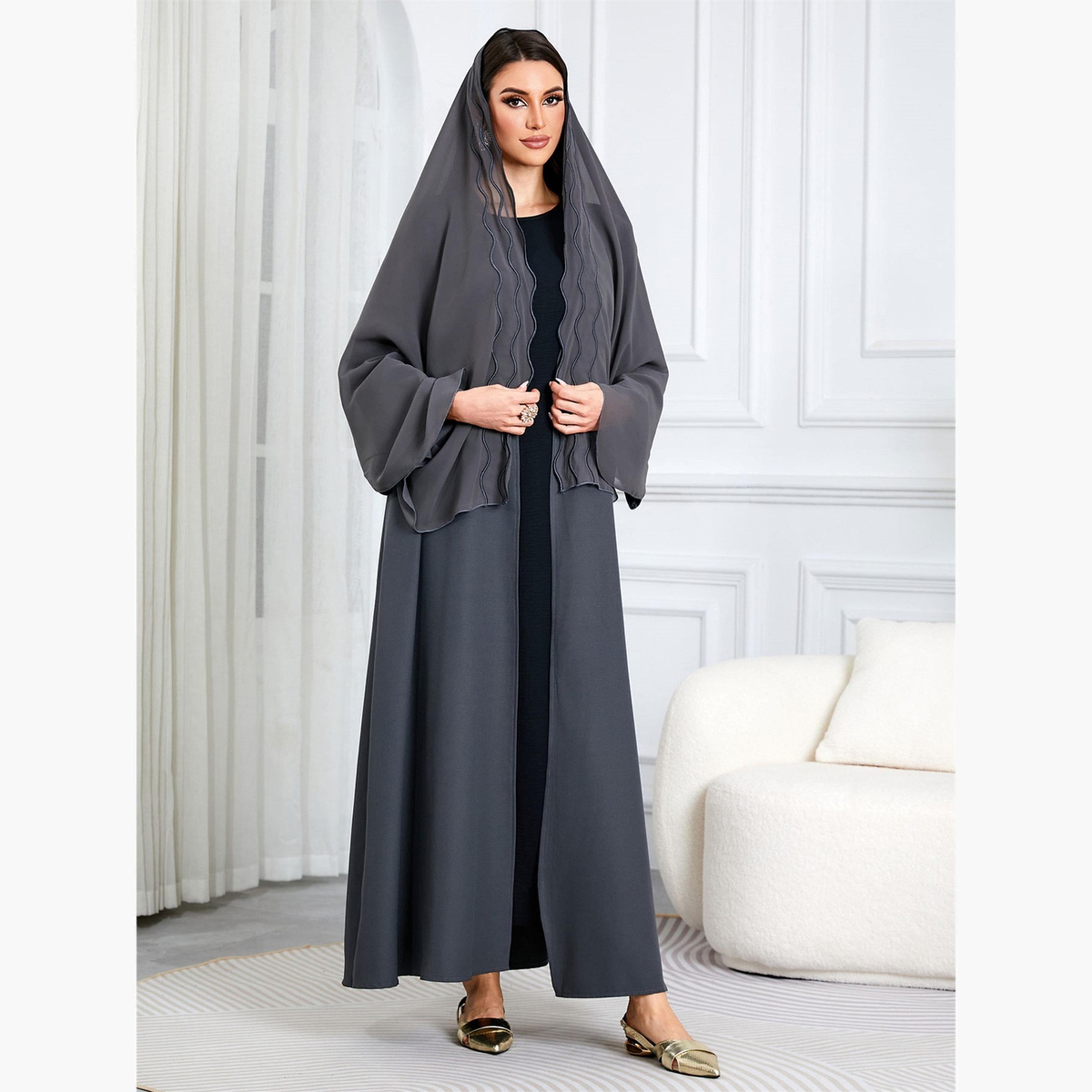 Take Two Women Solid Open Front Abaya with Headscarf-women-arabicclothing-abayas-image-3