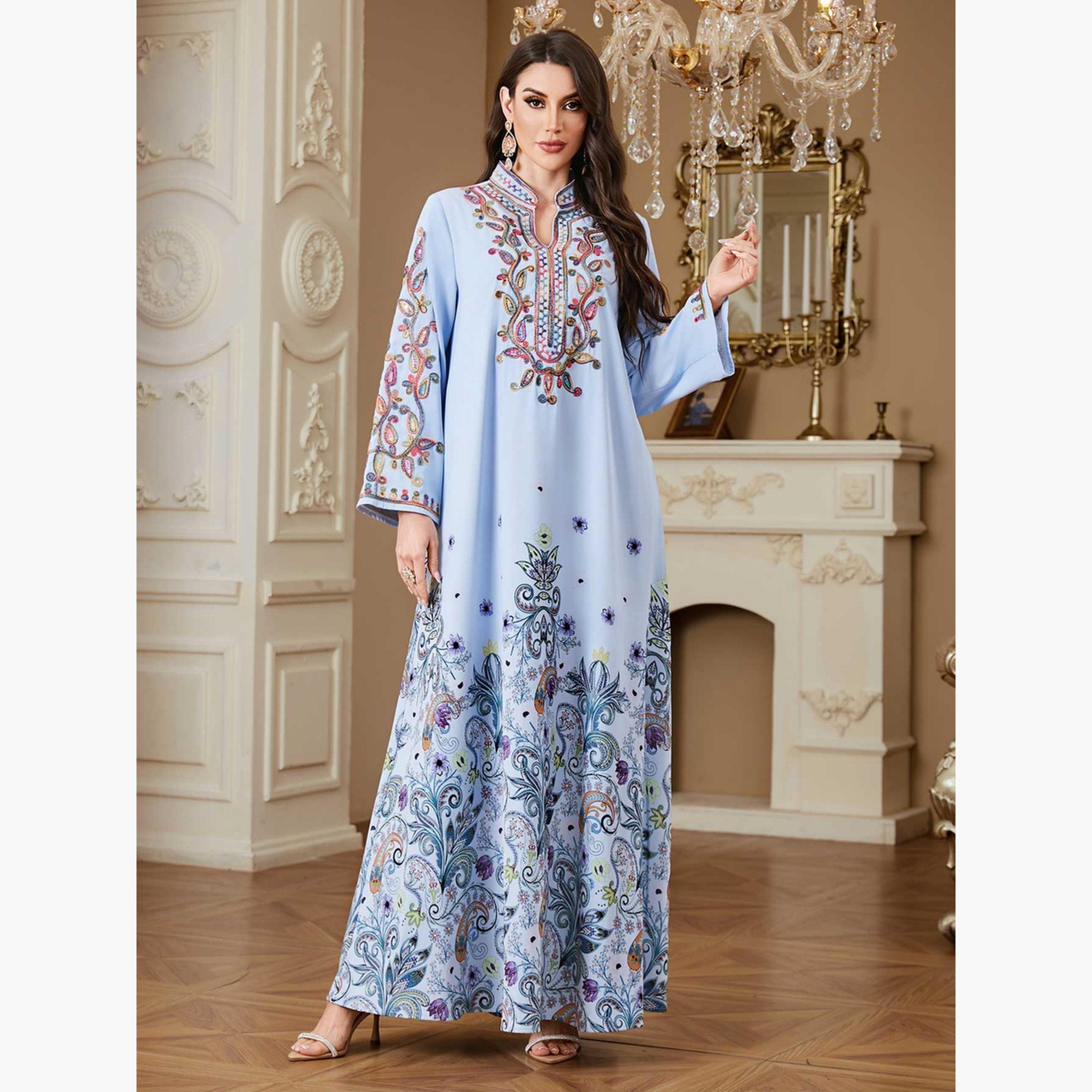 جلابية مطبعة بالزهور ومزينة-women-arabicclothing-jalabiyas-image-2