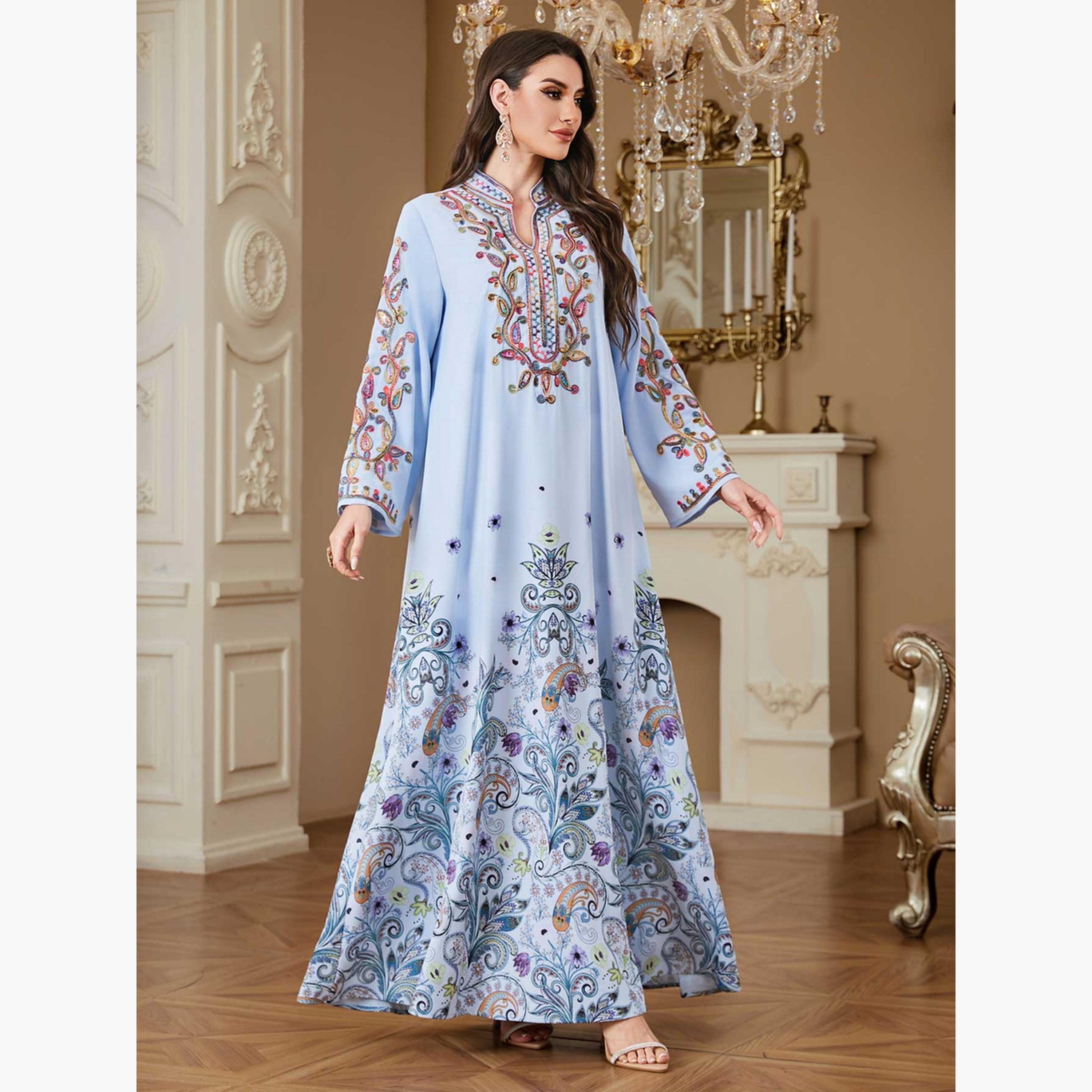 جلابية مطبعة بالزهور ومزينة-women-arabicclothing-jalabiyas-image-4