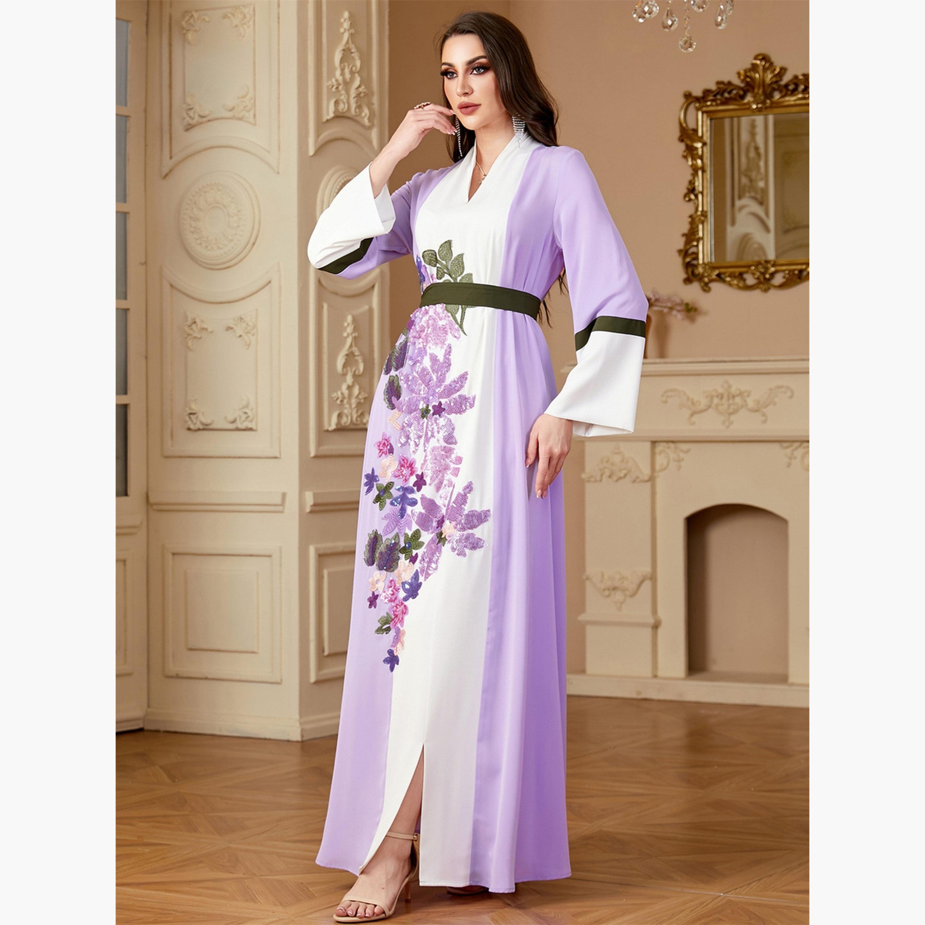 Take Two Women Lilac Sequin Patch Detail Belted Jalabiya-women-arabicclothing-jalabiyas-image-3