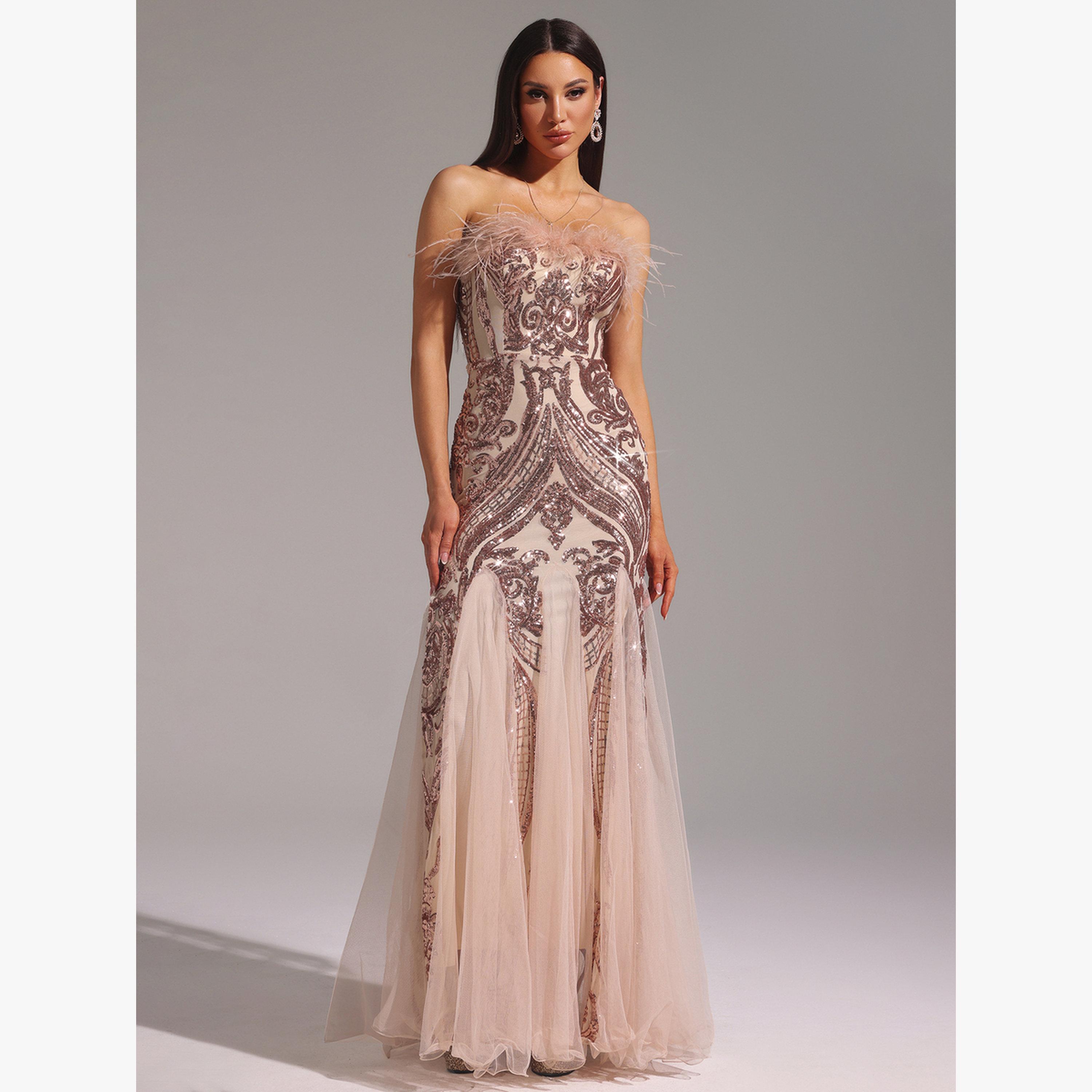 Bella Barnett X Styli Women Faux Feather Sequin Party Maxi Dress-women-clothing-dresses-image-1