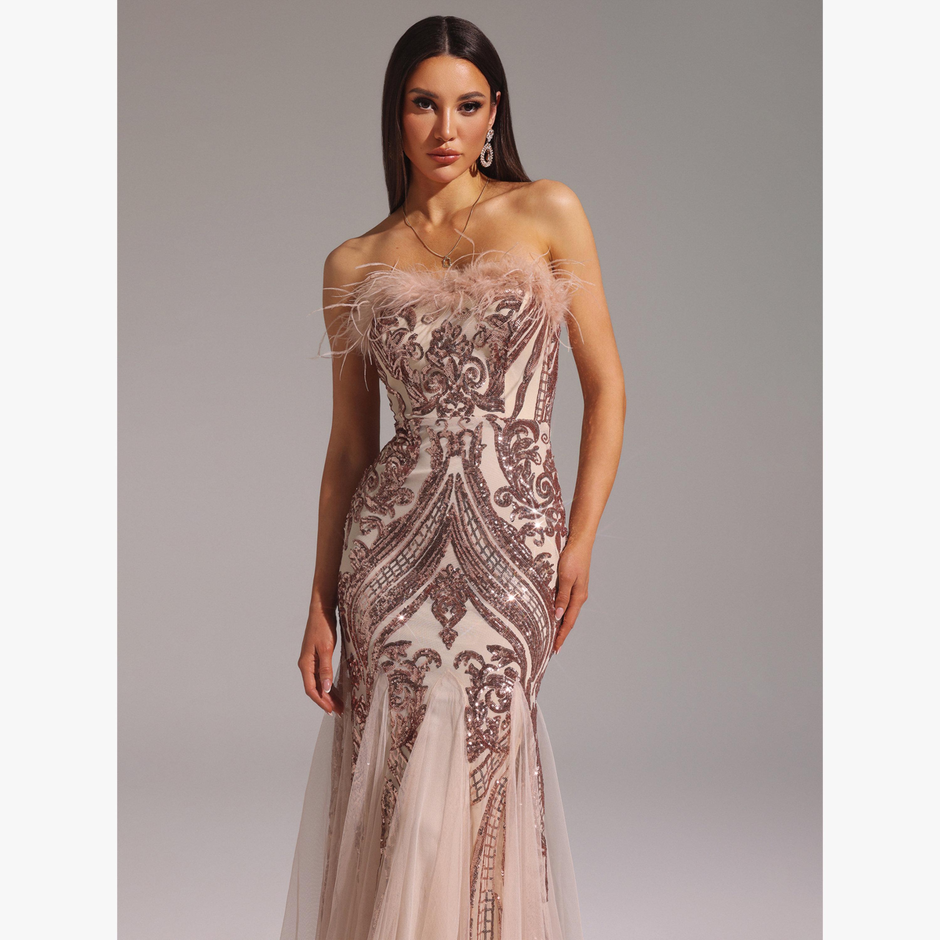 Bella Barnett X Styli Women Faux Feather Sequin Party Maxi Dress-women-clothing-dresses-image-2