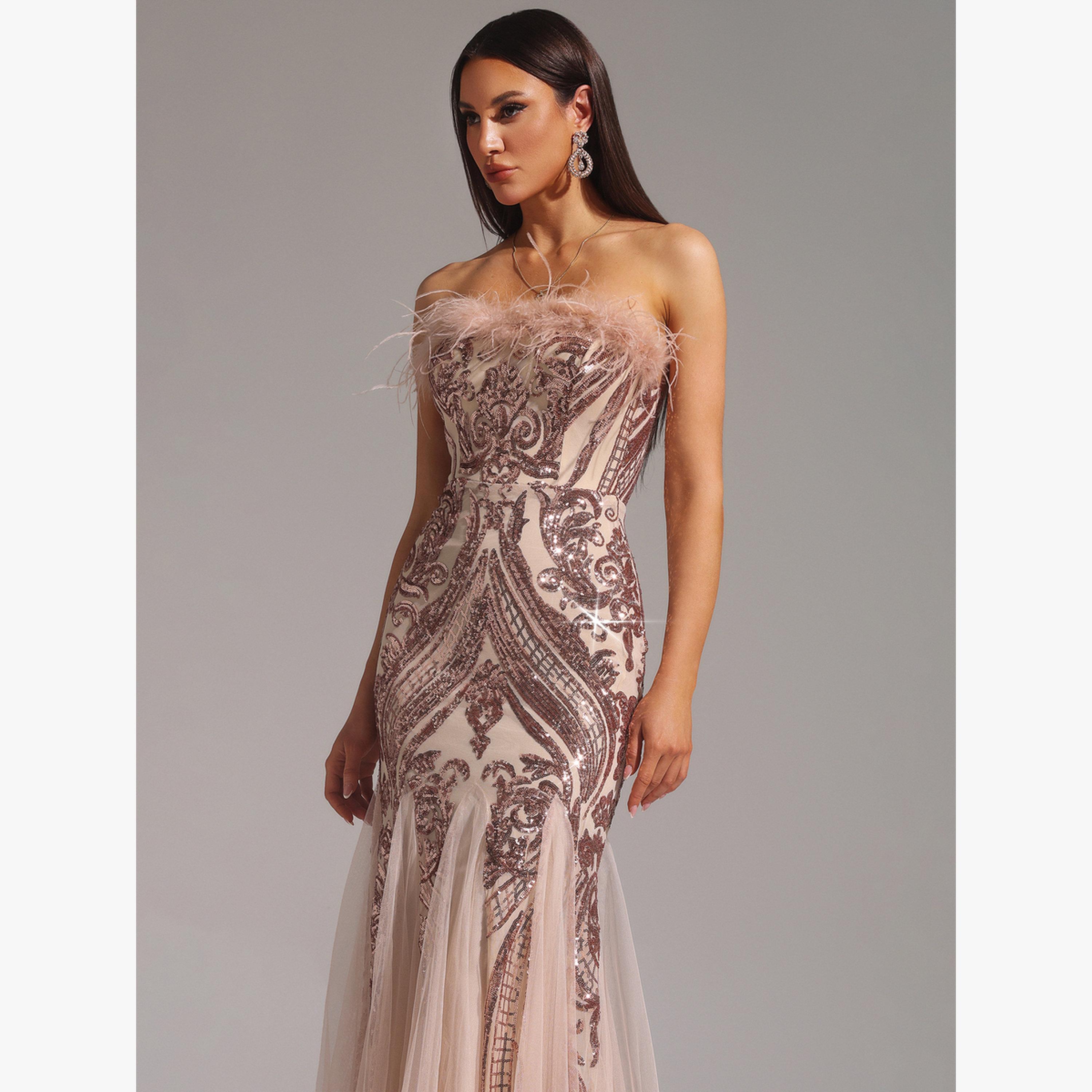 فستان سهرة طويل مزين بترتر وريش صناعي-women-clothing-dresses-image-4