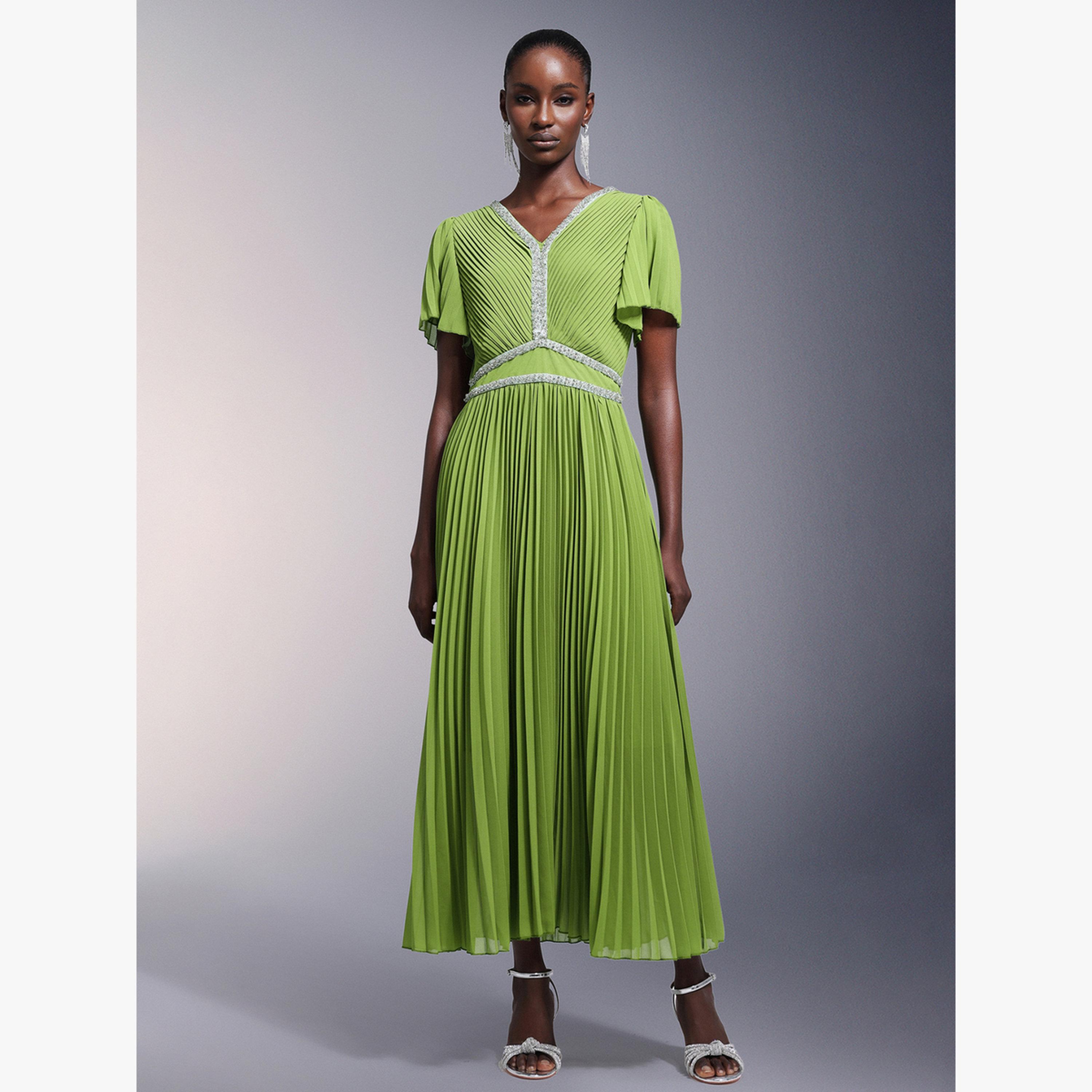 Bella Barnett X Styli Women V Neck Embellished Pleated Maxi Dress-women-clothing-dresses-image-1
