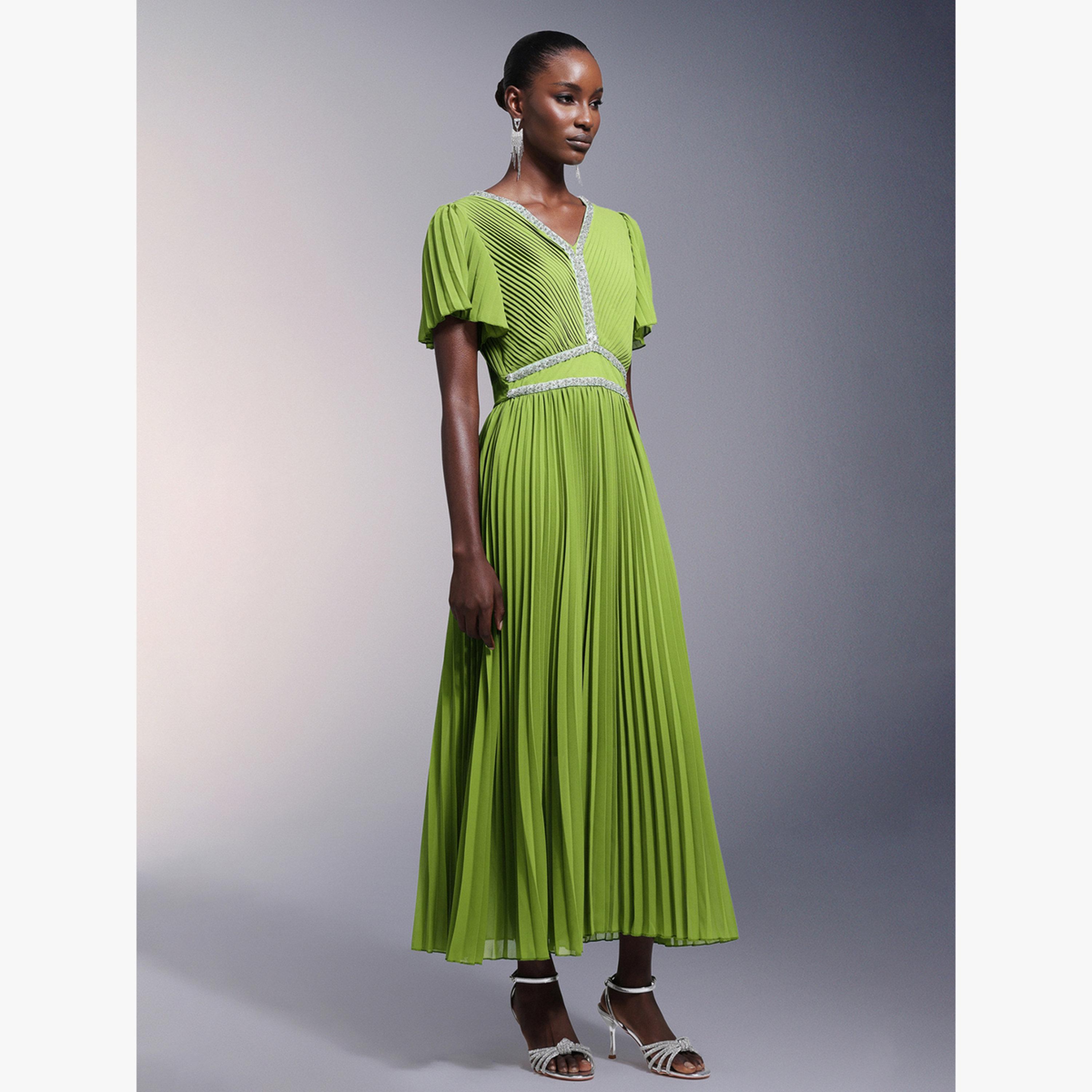 Bella Barnett X Styli Women V Neck Embellished Pleated Maxi Dress-women-clothing-dresses-image-2