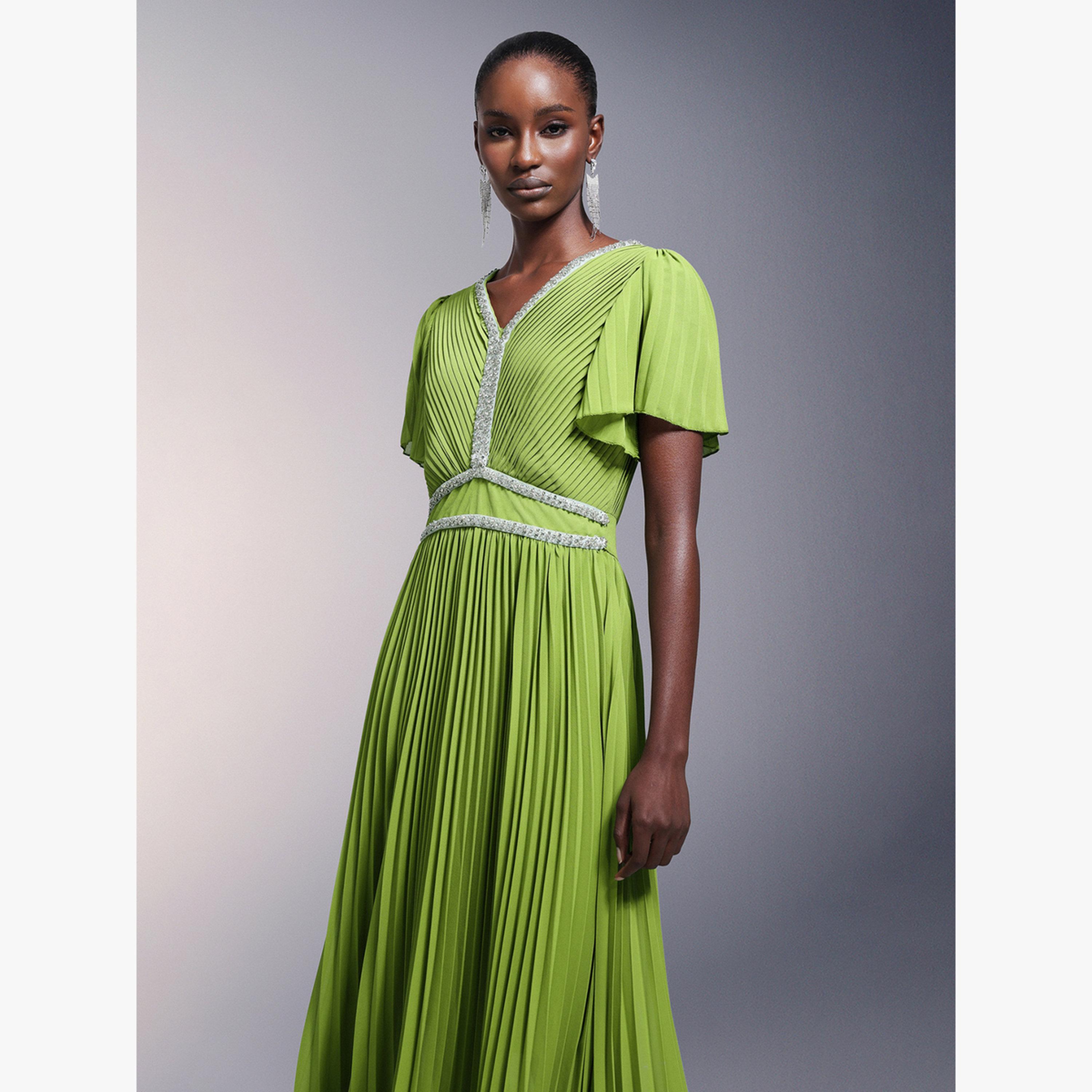 Bella Barnett X Styli Women V Neck Embellished Pleated Maxi Dress-women-clothing-dresses-image-3
