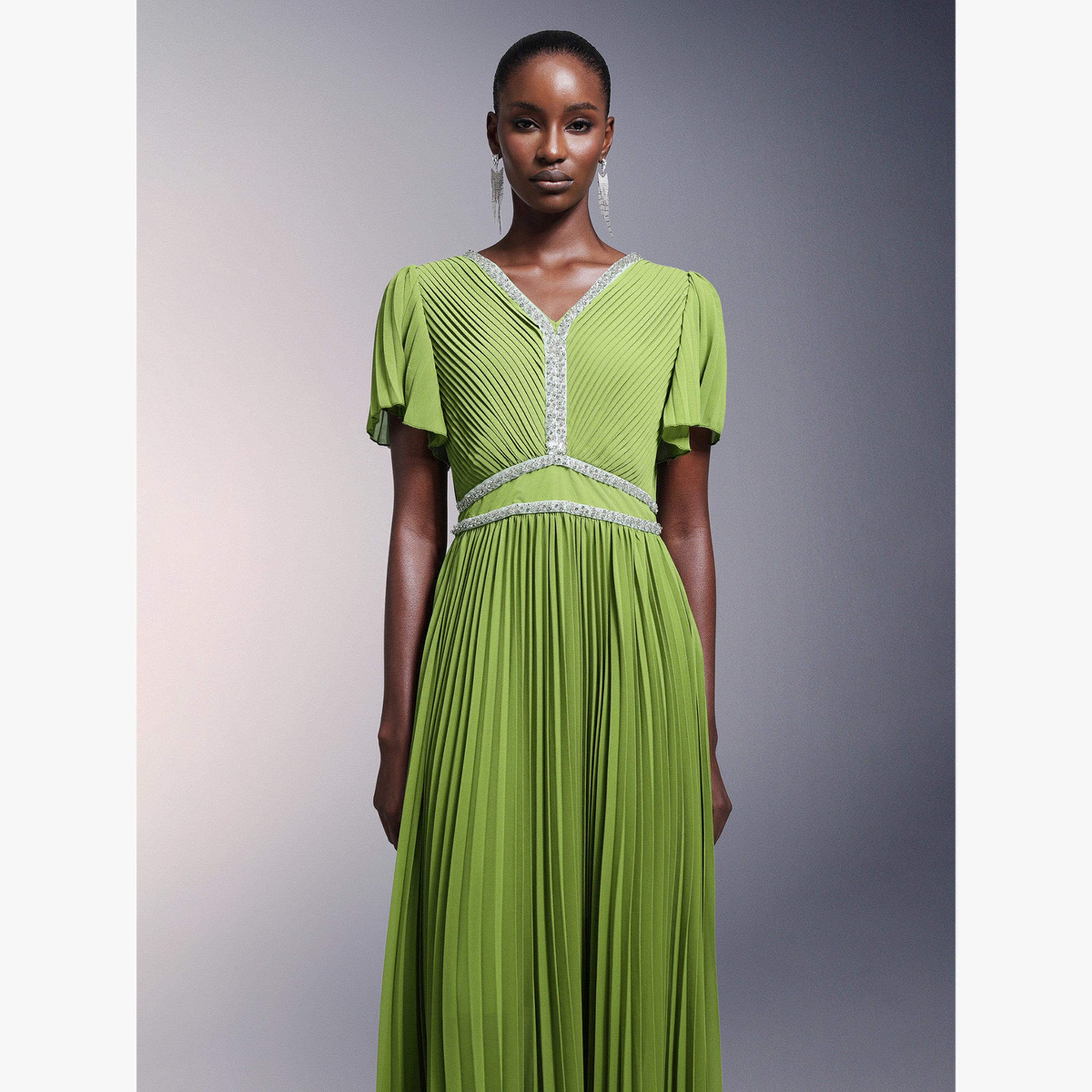 Bella Barnett X Styli Women V Neck Embellished Pleated Maxi Dress-women-clothing-dresses-image-4