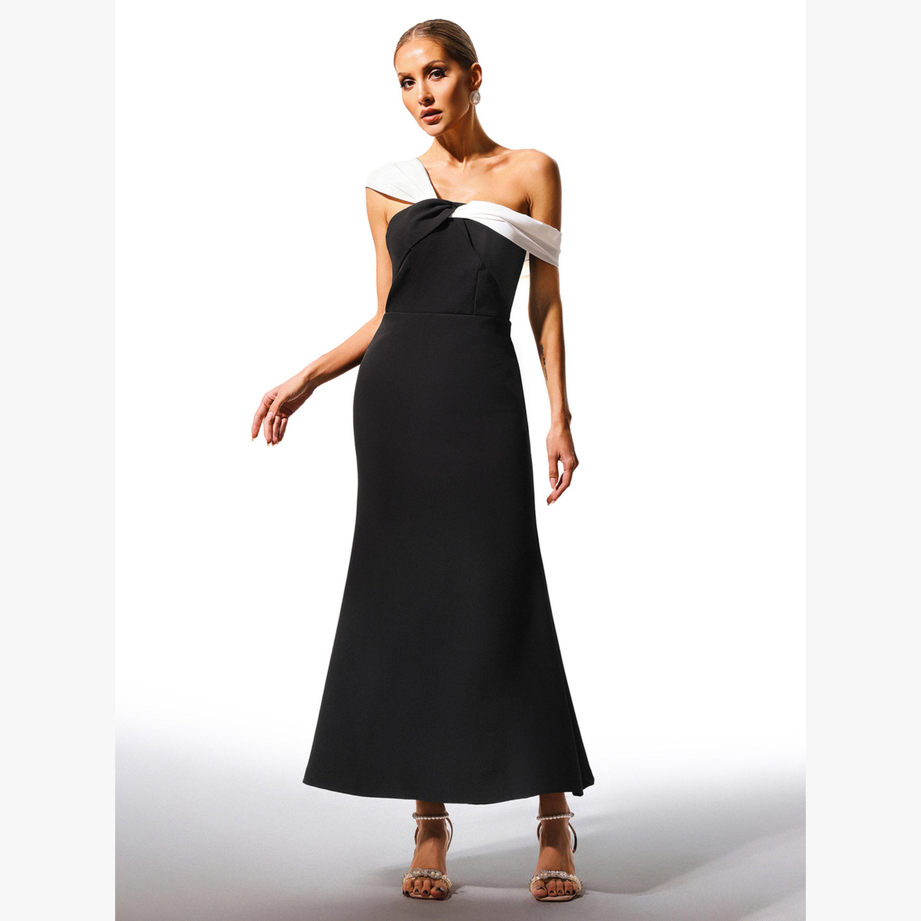 فستان طويل بكتف واحد وتفاصيل مُتباينة-women-clothing-dresses-image-1