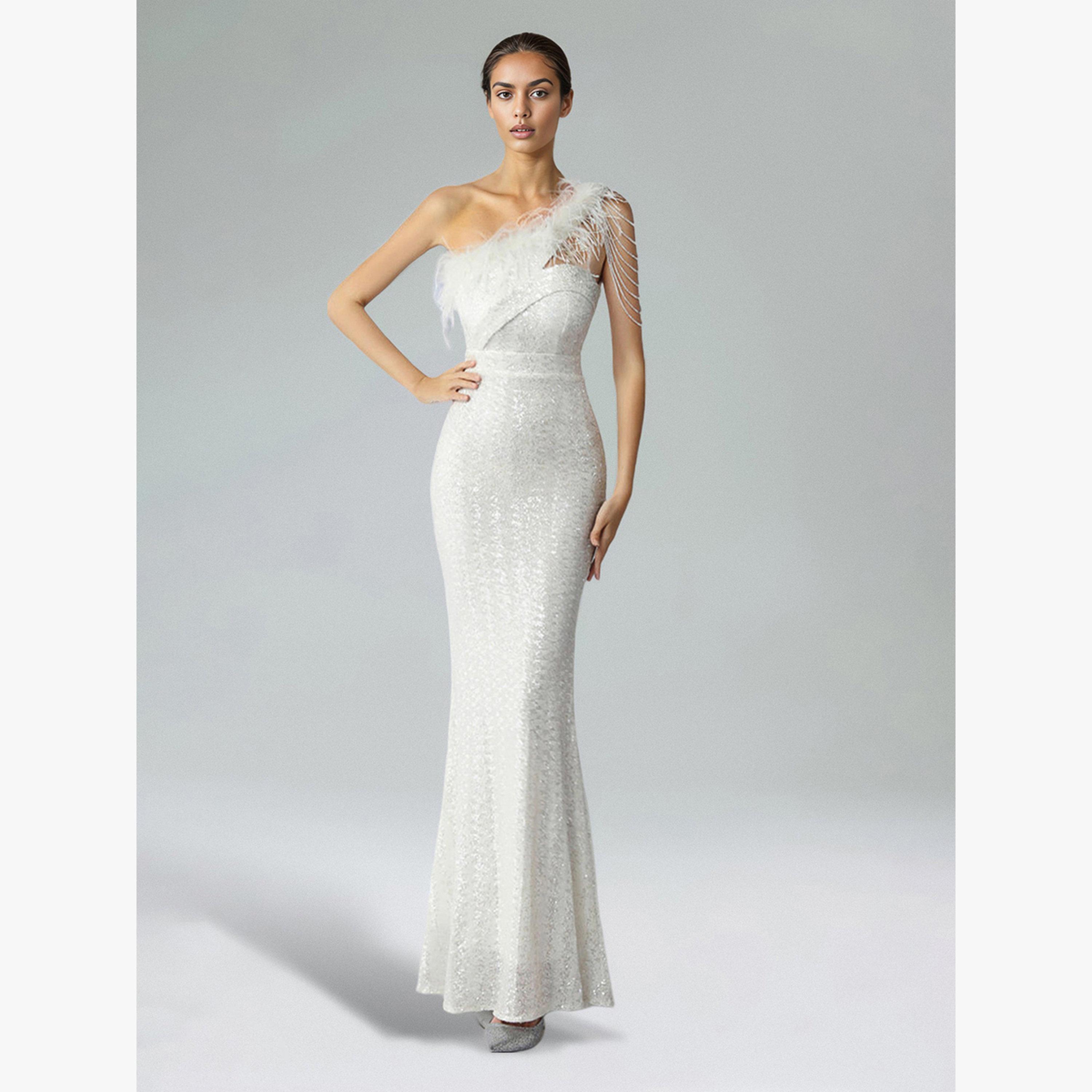 فستان طويل بكتف واحد ومزين بريش صناعي-women-clothing-dresses-image-1