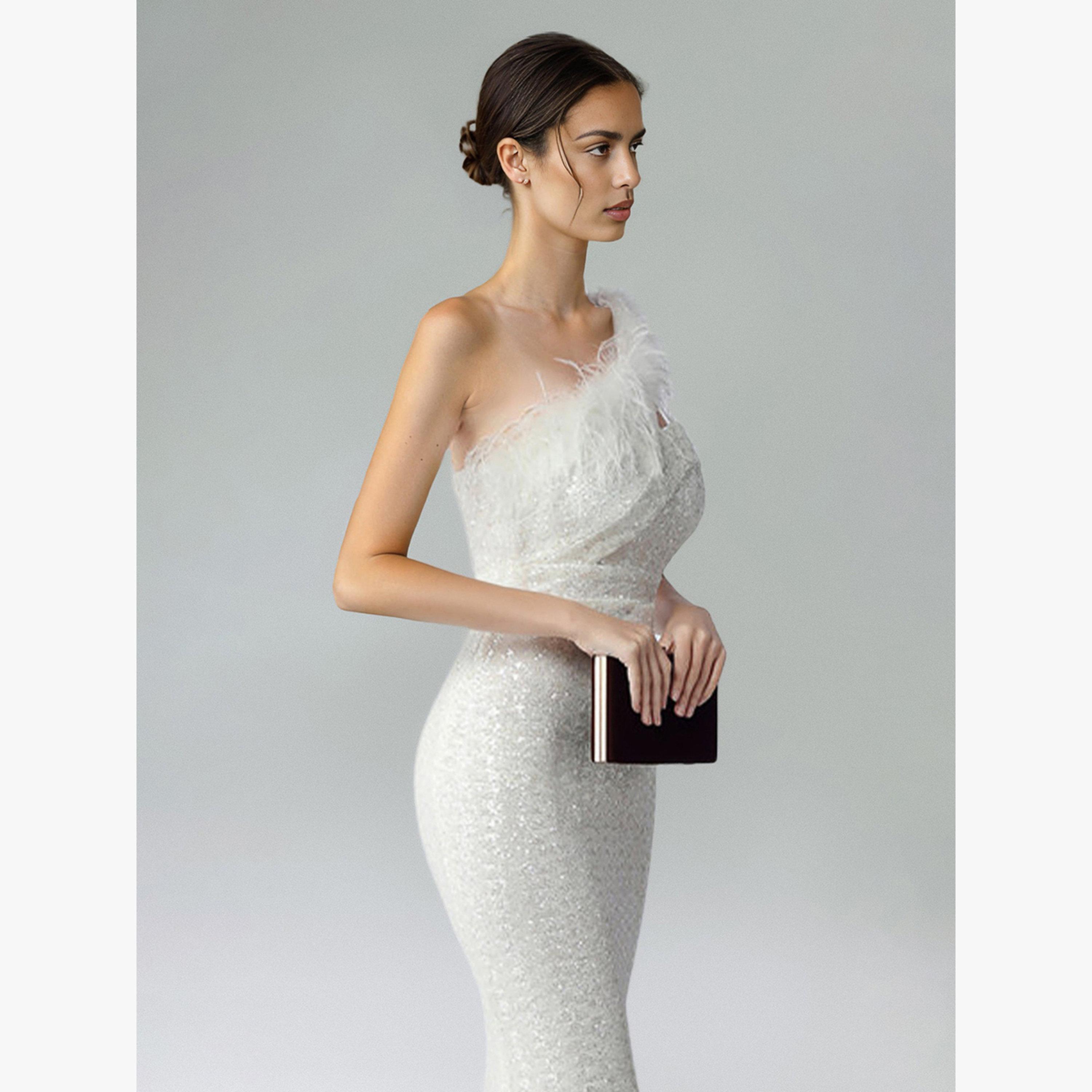 فستان طويل بكتف واحد ومزين بريش صناعي-women-clothing-dresses-image-2