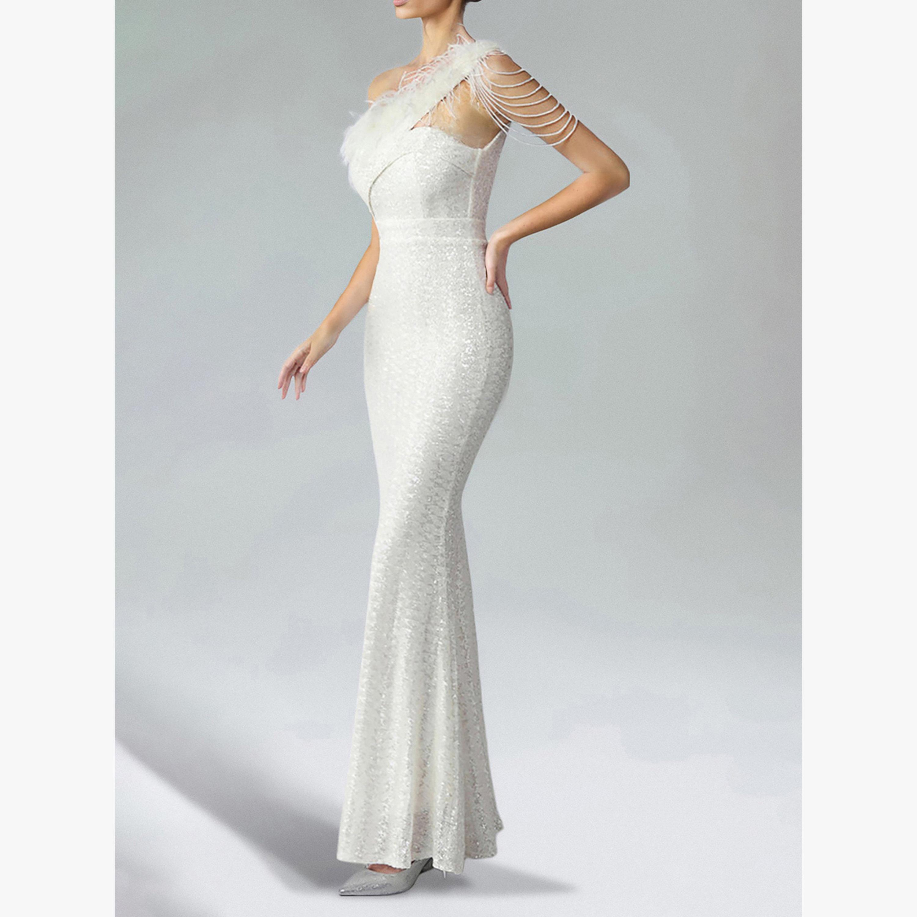 فستان طويل بكتف واحد ومزين بريش صناعي-women-clothing-dresses-image-3