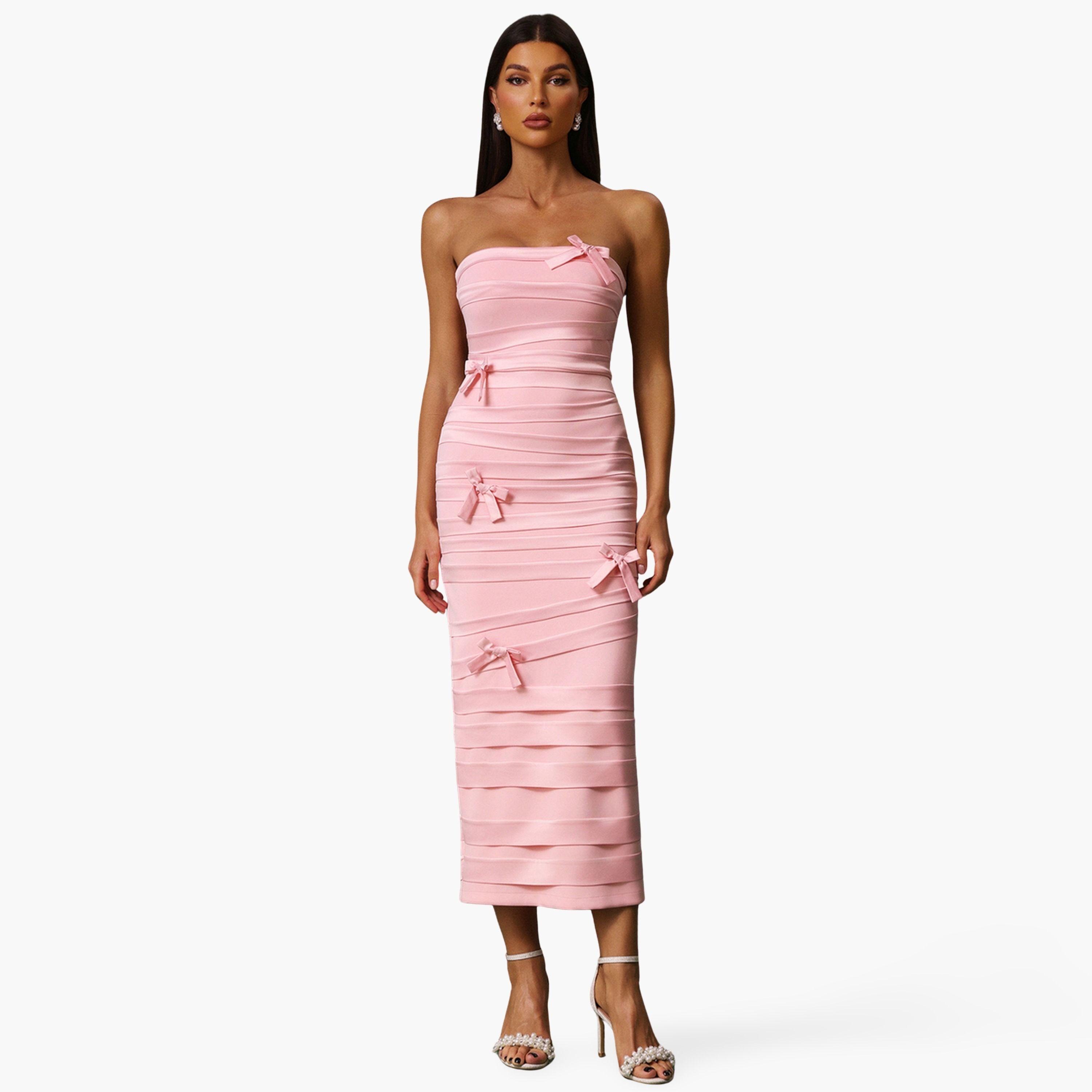 Bella Barnett X Styli Women Solid Strapless Bow Wrinkle Midi Dress-women-clothing-dresses-image-1