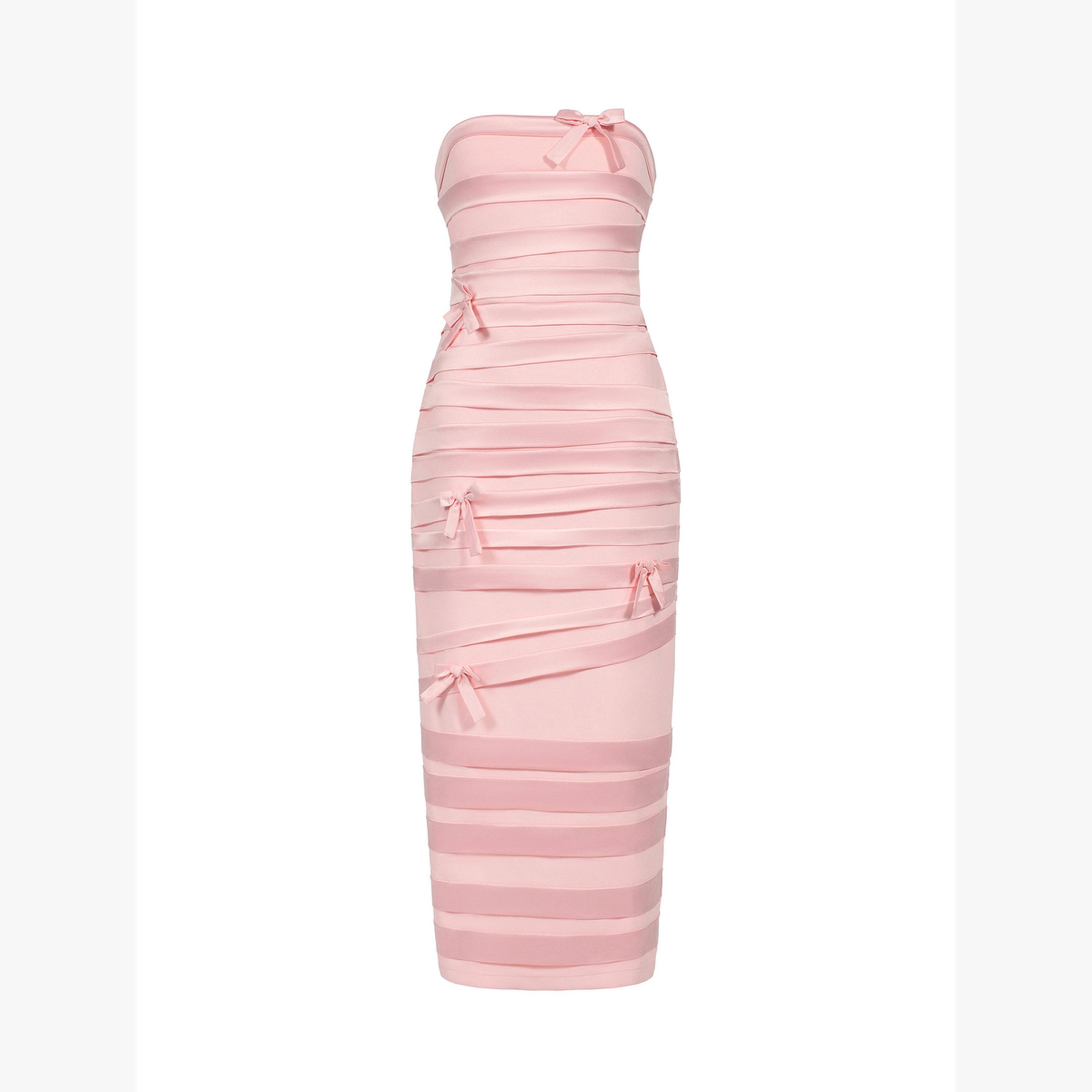 Bella Barnett X Styli Women Solid Strapless Bow Wrinkle Midi Dress-women-clothing-dresses-image-2