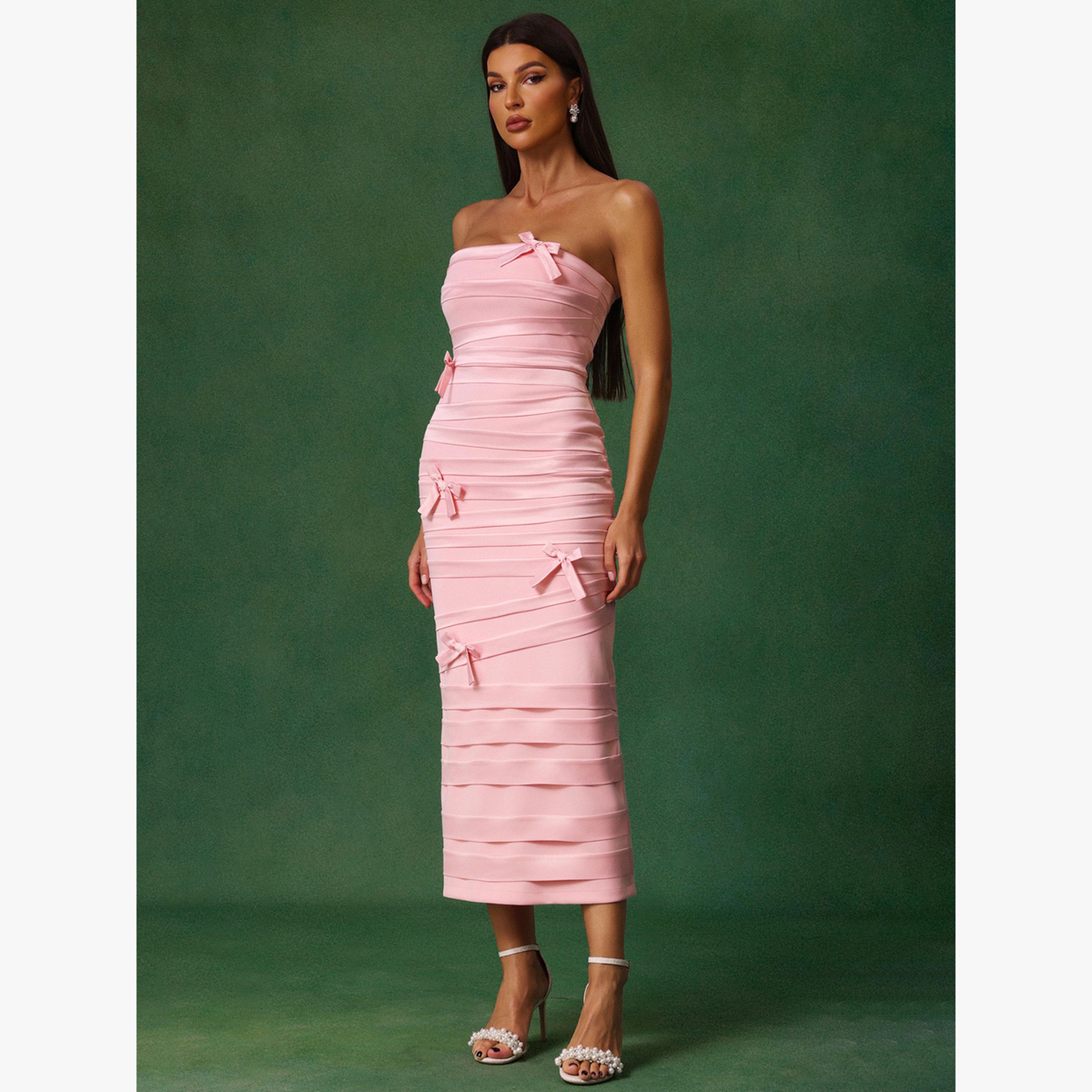 Bella Barnett X Styli Women Solid Strapless Bow Wrinkle Midi Dress-women-clothing-dresses-image-4