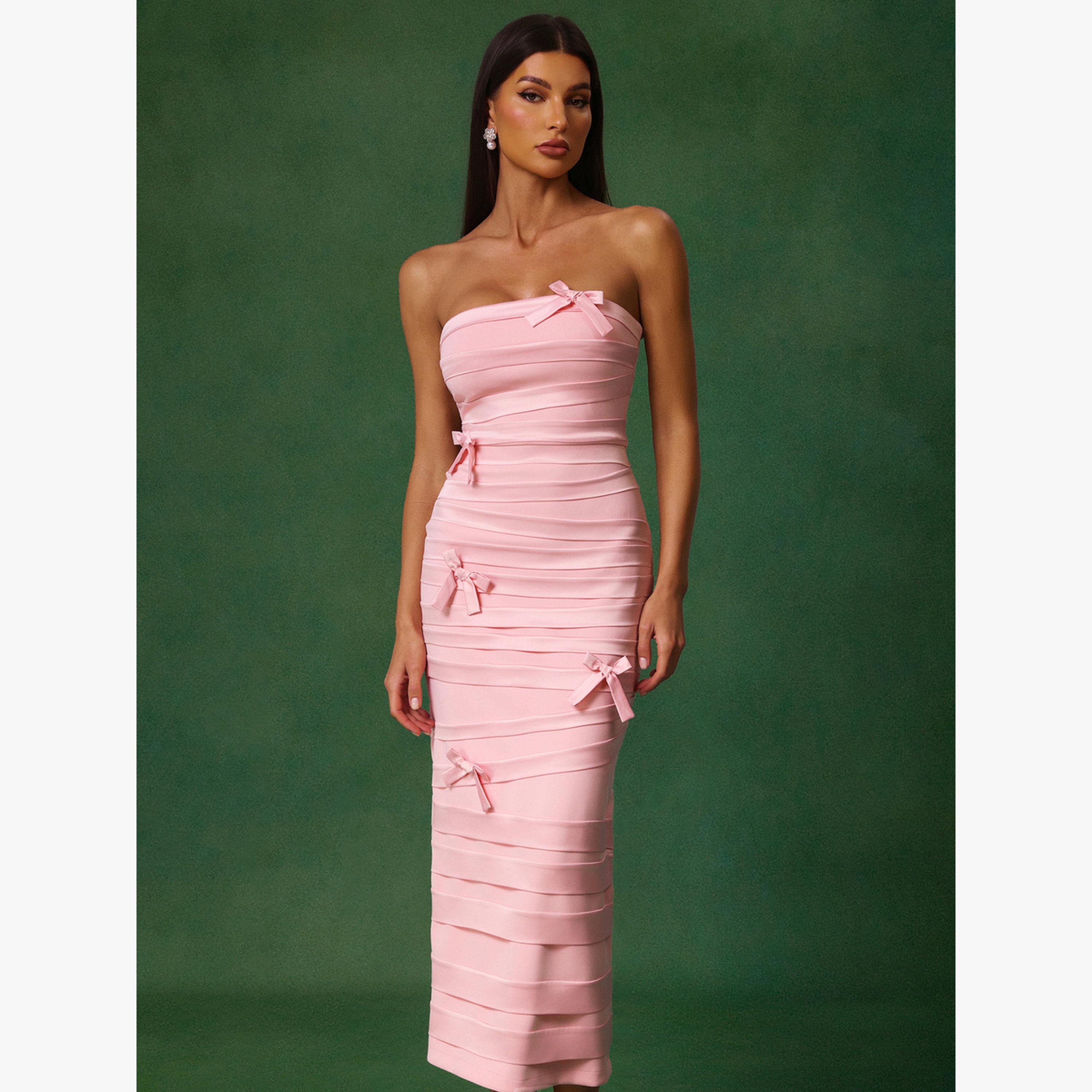 Bella Barnett X Styli Women Solid Strapless Bow Wrinkle Midi Dress-women-clothing-dresses-image-5