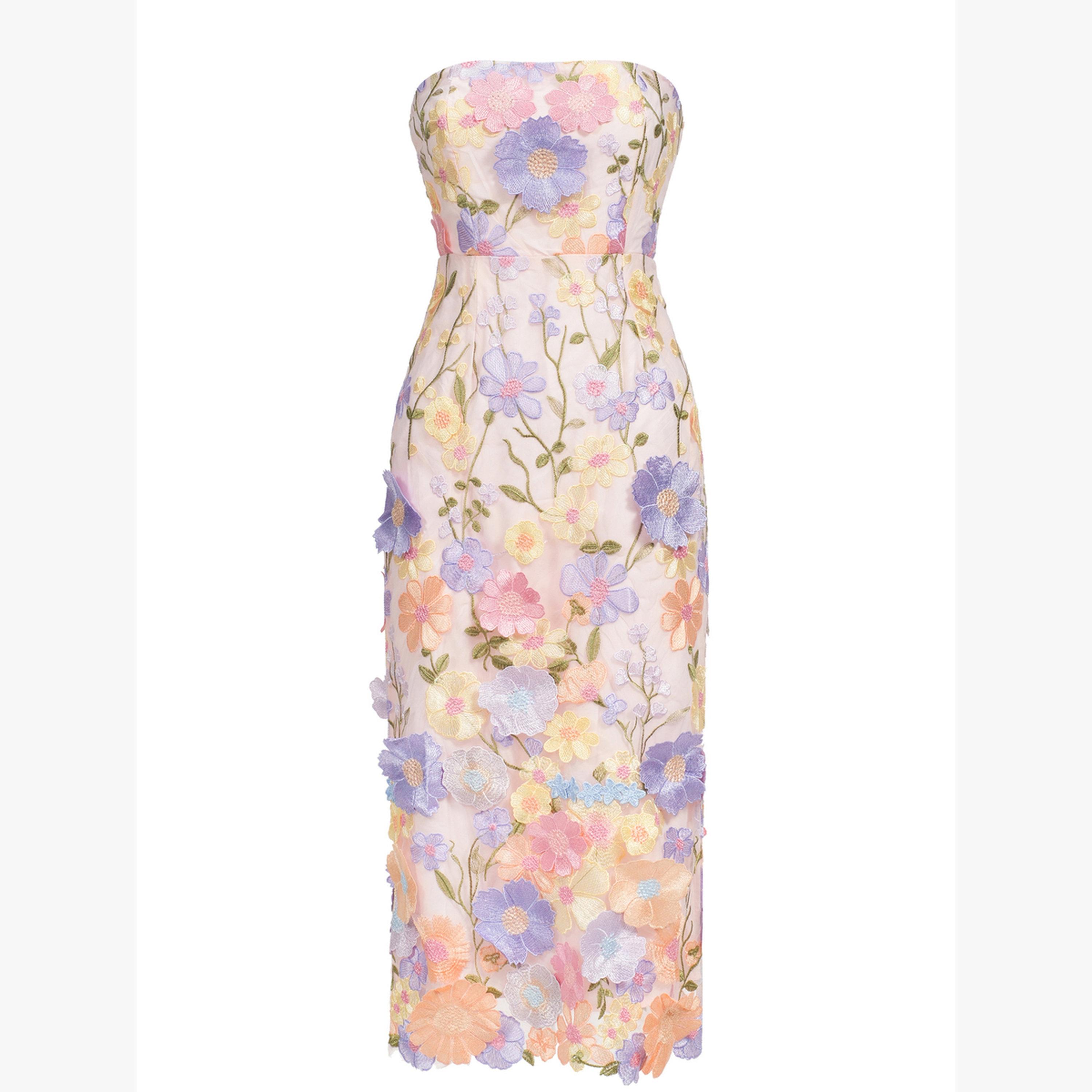 Bella Barnett X Styli Women Textured Flower Strapless Knee Length Dress-women-clothing-dresses-image-2