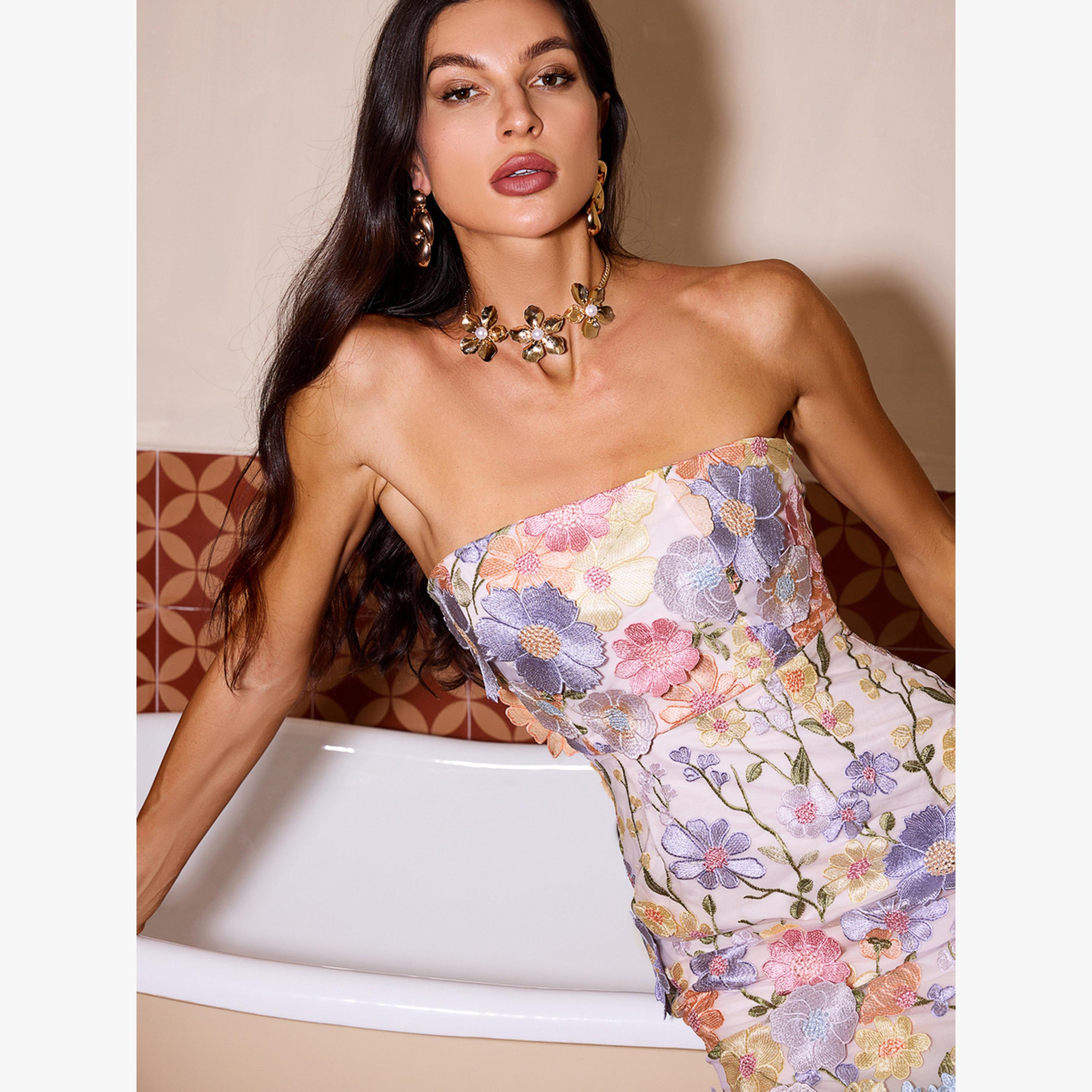 Bella Barnett X Styli Women Textured Flower Strapless Knee Length Dress-women-clothing-dresses-image-3