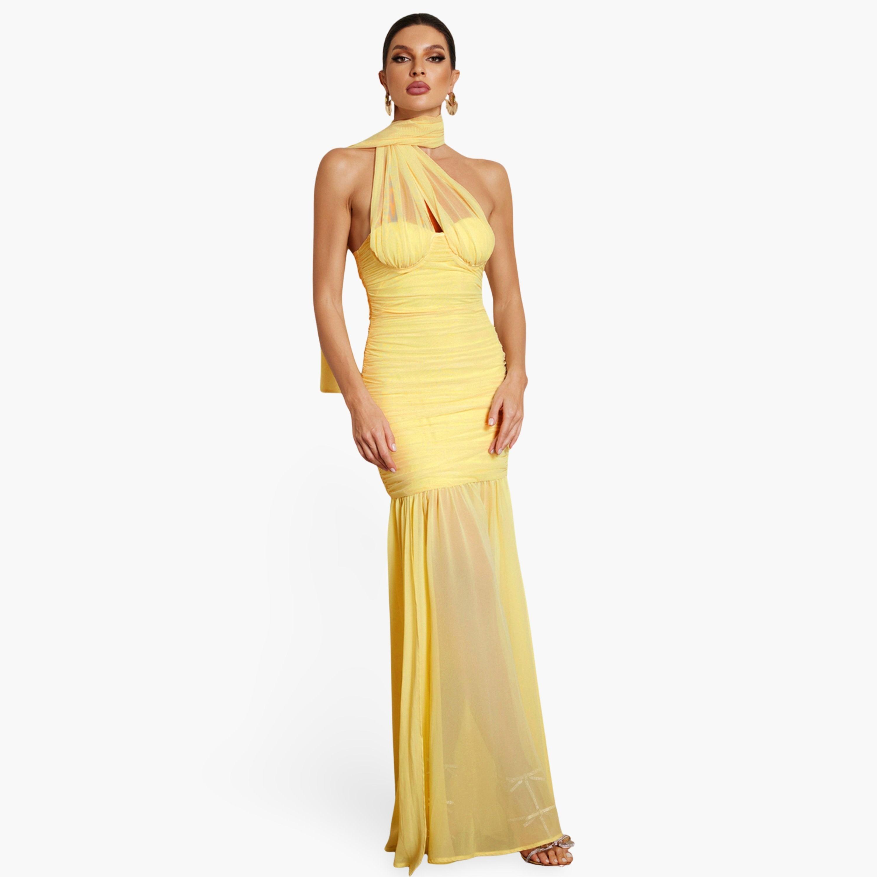 Bella Barnett X Styli Women Halter Neck Ruched Mesh Party Maxi Dress-women-clothing-dresses-image-1