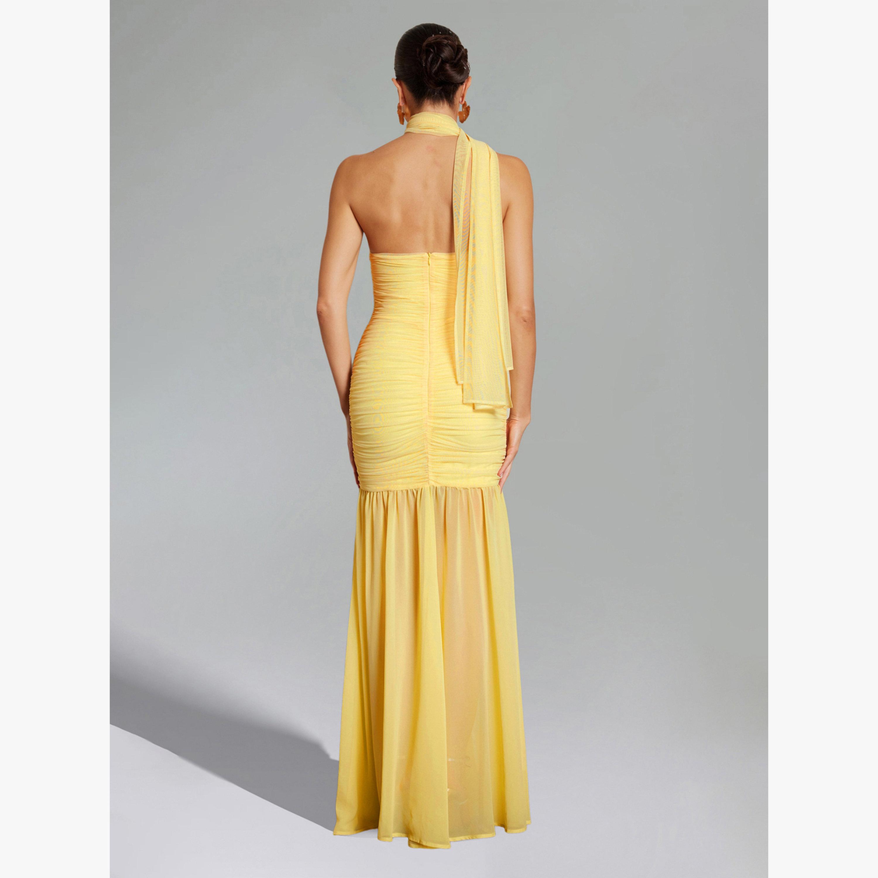Bella Barnett X Styli Women Halter Neck Ruched Mesh Party Maxi Dress-women-clothing-dresses-image-2