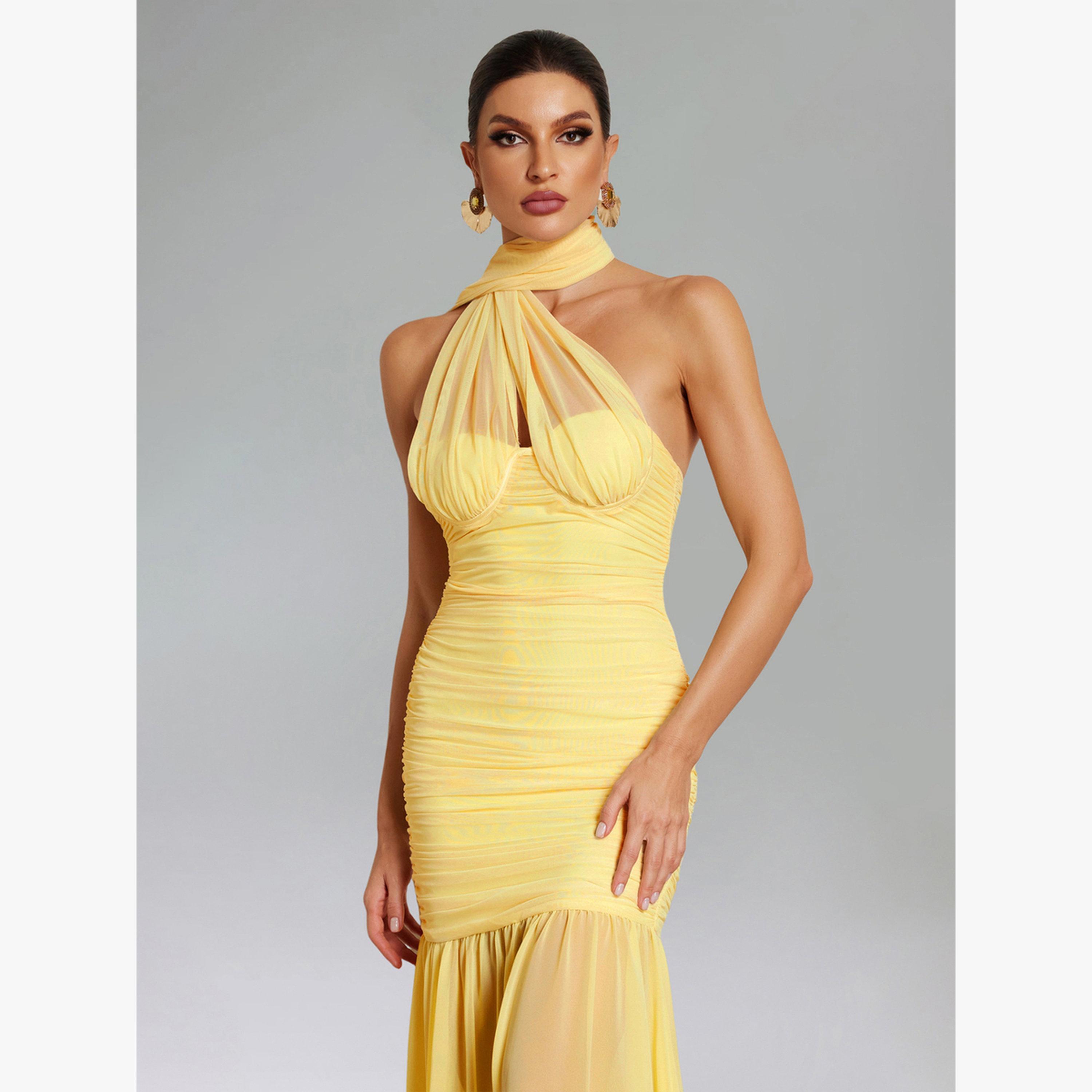 Bella Barnett X Styli Women Halter Neck Ruched Mesh Party Maxi Dress-women-clothing-dresses-image-4