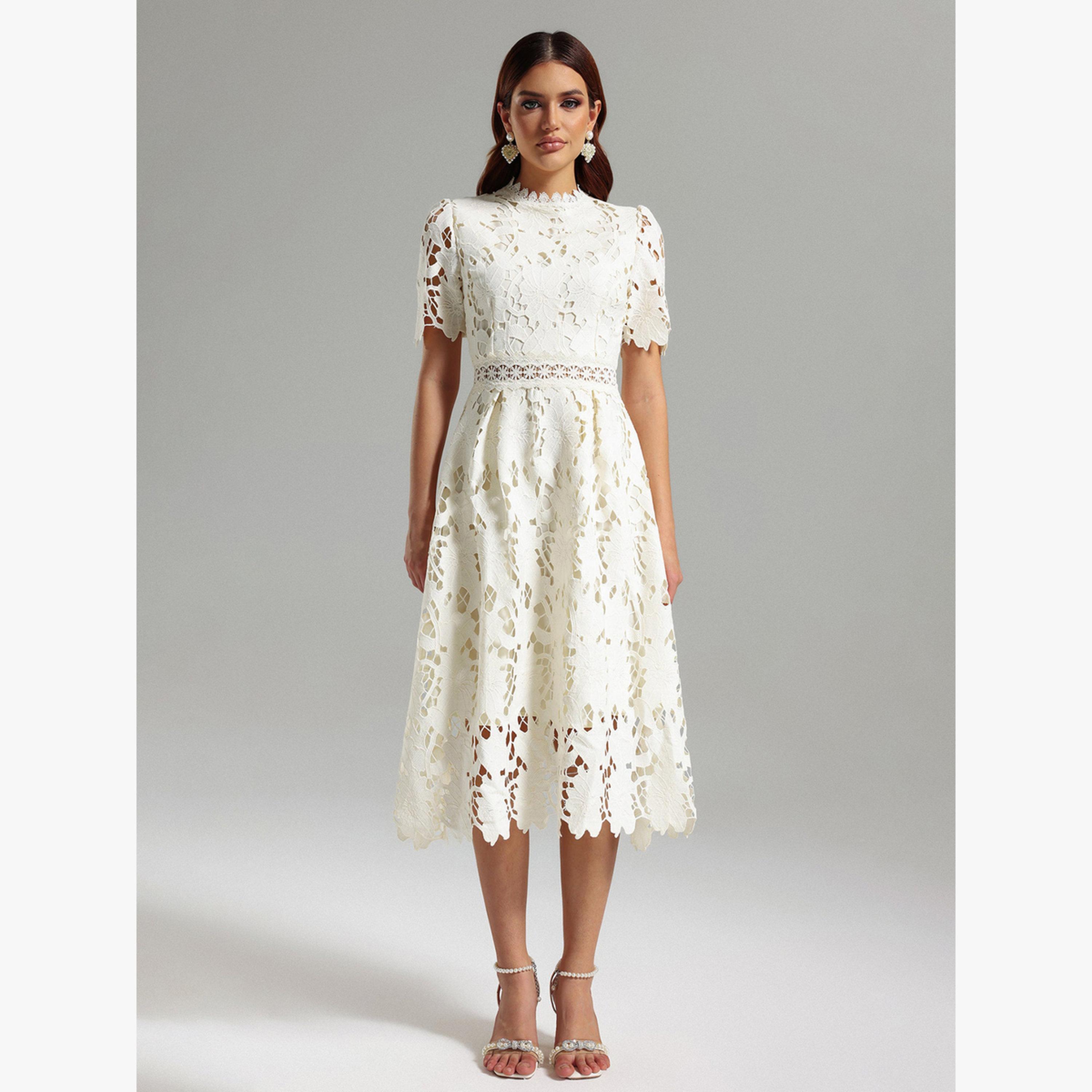 Buy Bella Barnett X Styli Women Cut Out Lace Short Sleeve Knee Length Dress  Online | Centrepoint Qatar