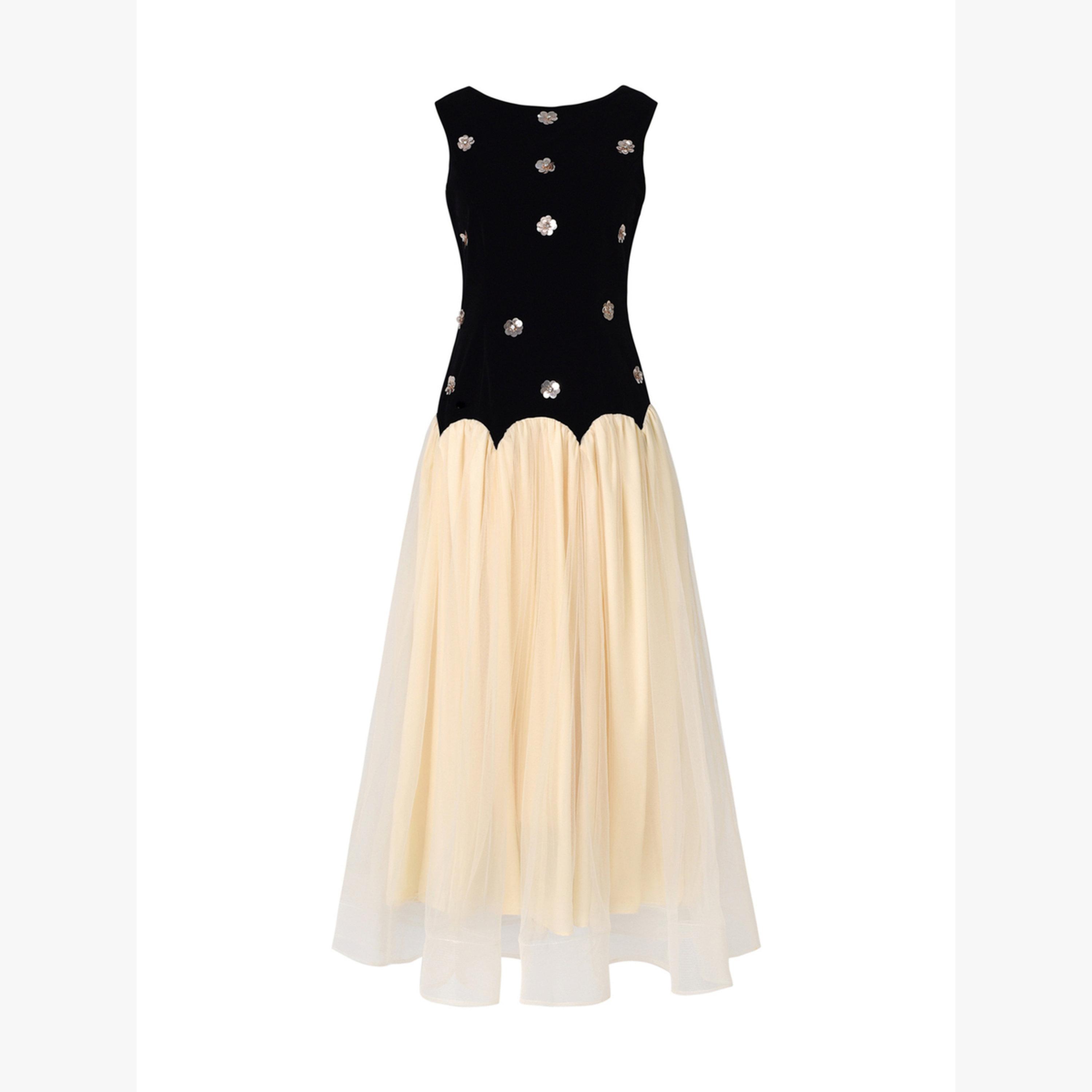فستان طويل بلا أكمام بتفاصيل مرقعة مخمل مع تول-women-clothing-dresses-image-2