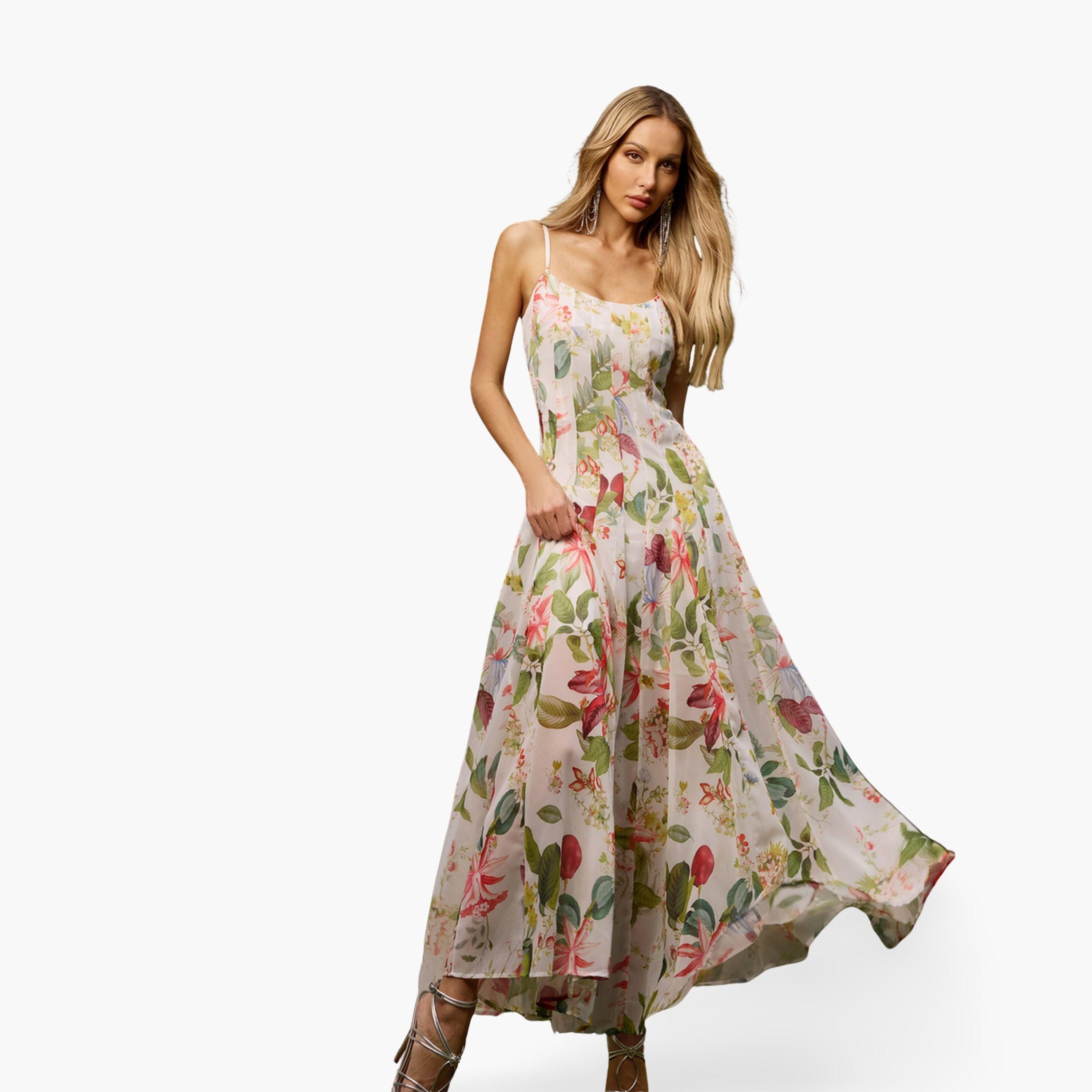 فستان طويل كامي مُجسم بطبعة زهور-women-clothing-dresses-image-1