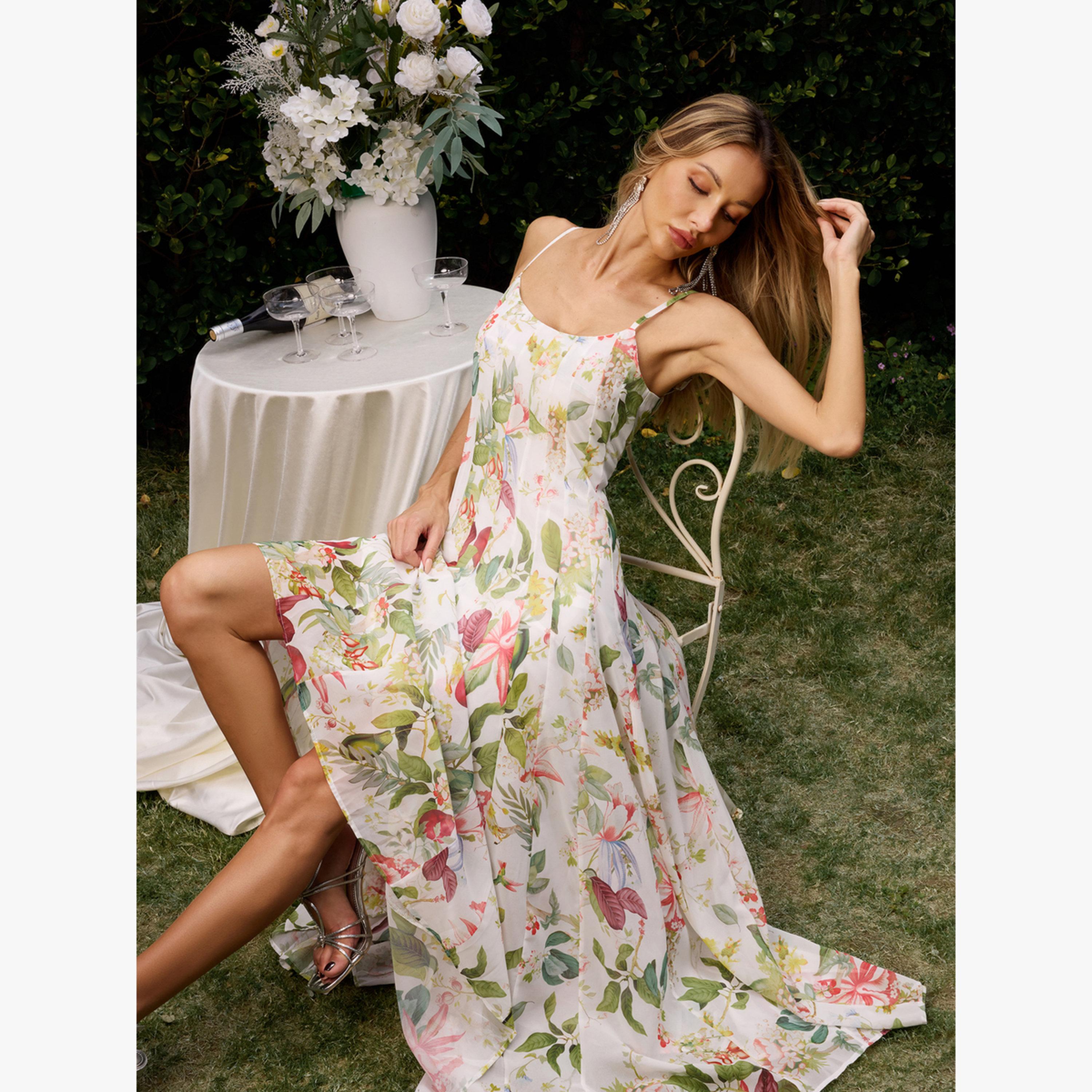 فستان طويل كامي مُجسم بطبعة زهور-women-clothing-dresses-image-5
