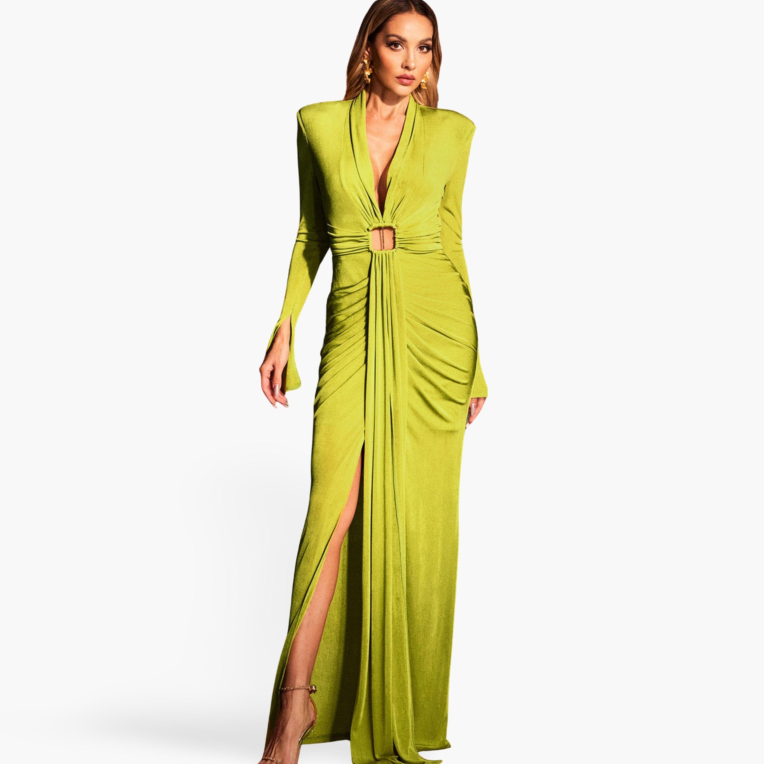 فستان طويل بتفاصيل مقصوصة وشق-women-clothing-dresses-image-1