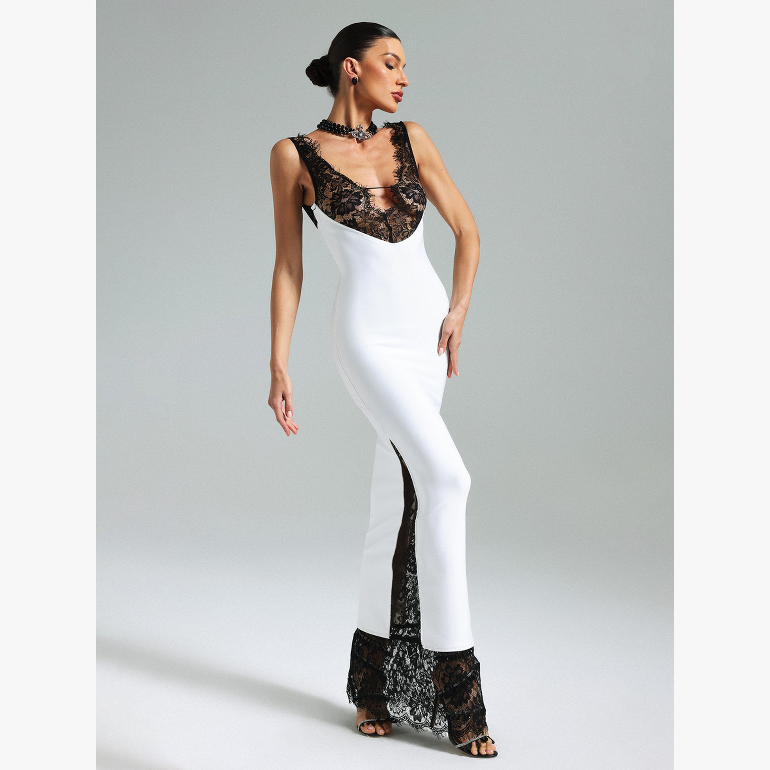 فستان طويل بتفاصيل دانتيل ومُتباينة-women-clothing-dresses-image-4