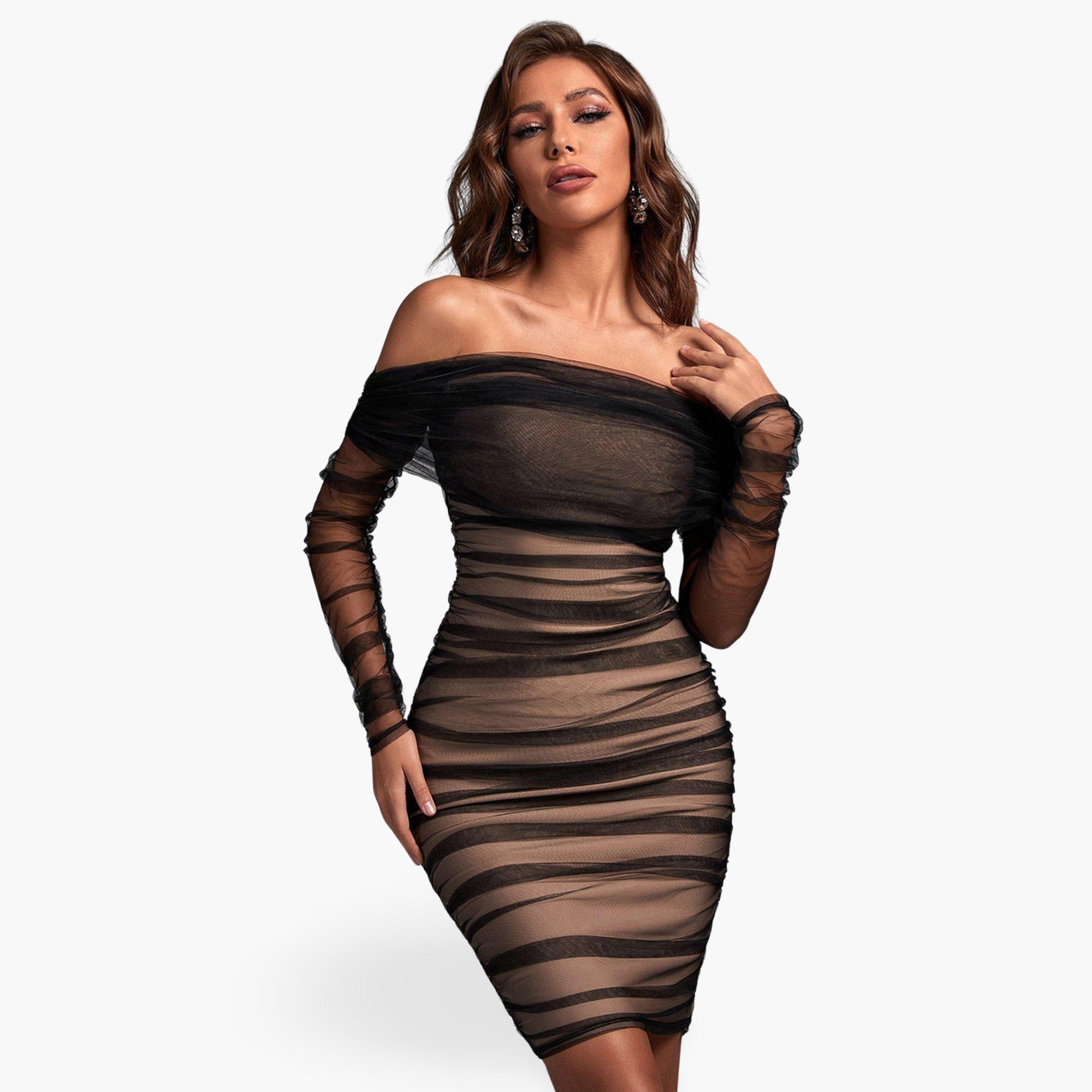 Bella Barnett X Styli Women Mesh Off Shoulder Knee Length Dress-women-clothing-dresses-image-1