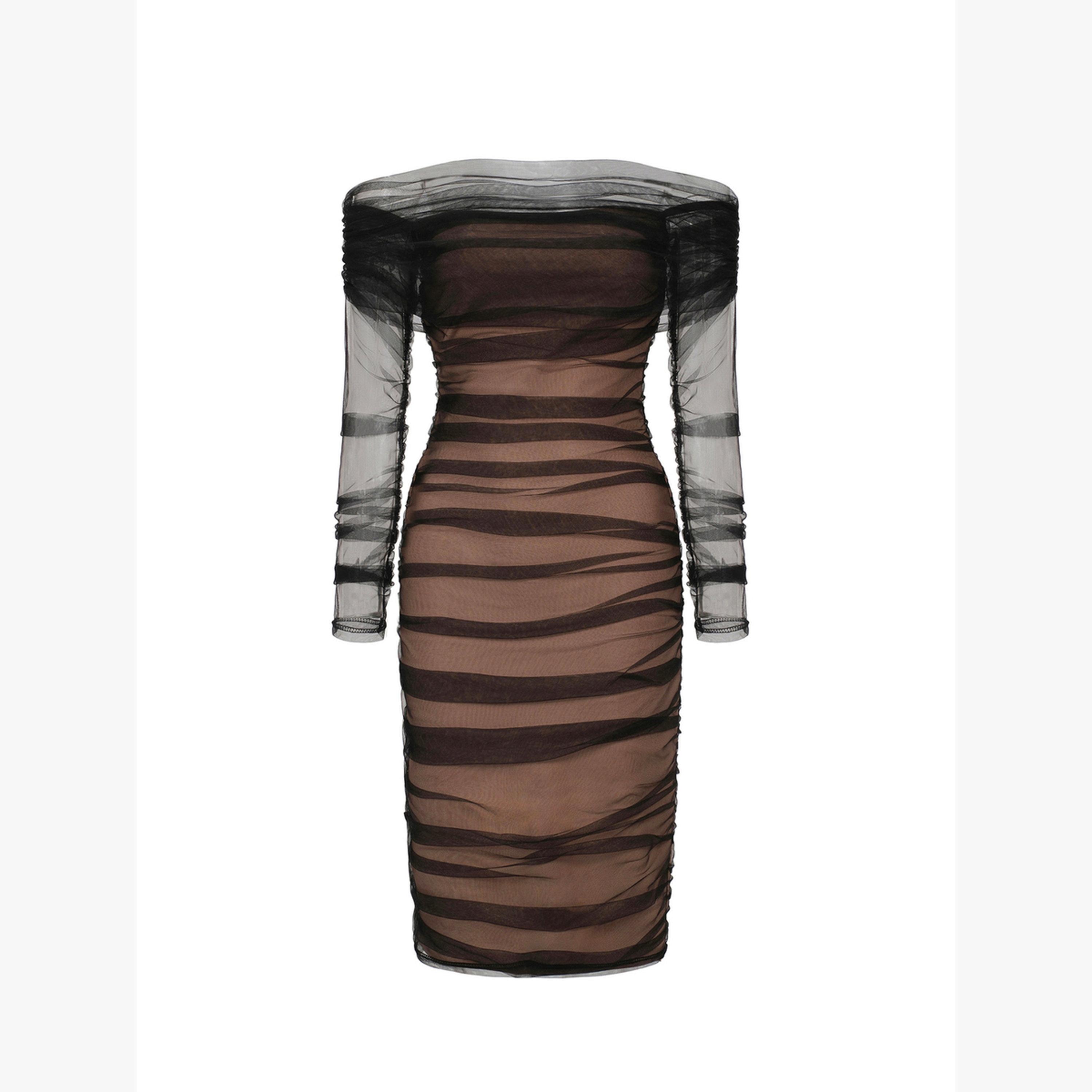 Bella Barnett X Styli Women Mesh Off Shoulder Knee Length Dress-women-clothing-dresses-image-2